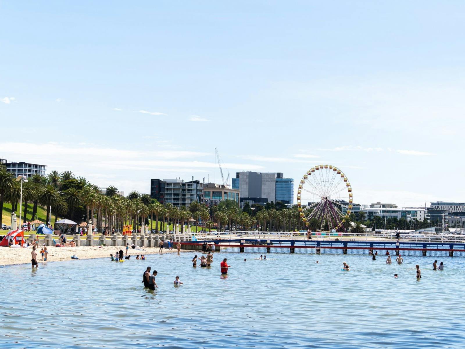 Many people bathing in the ocean on a sunny day