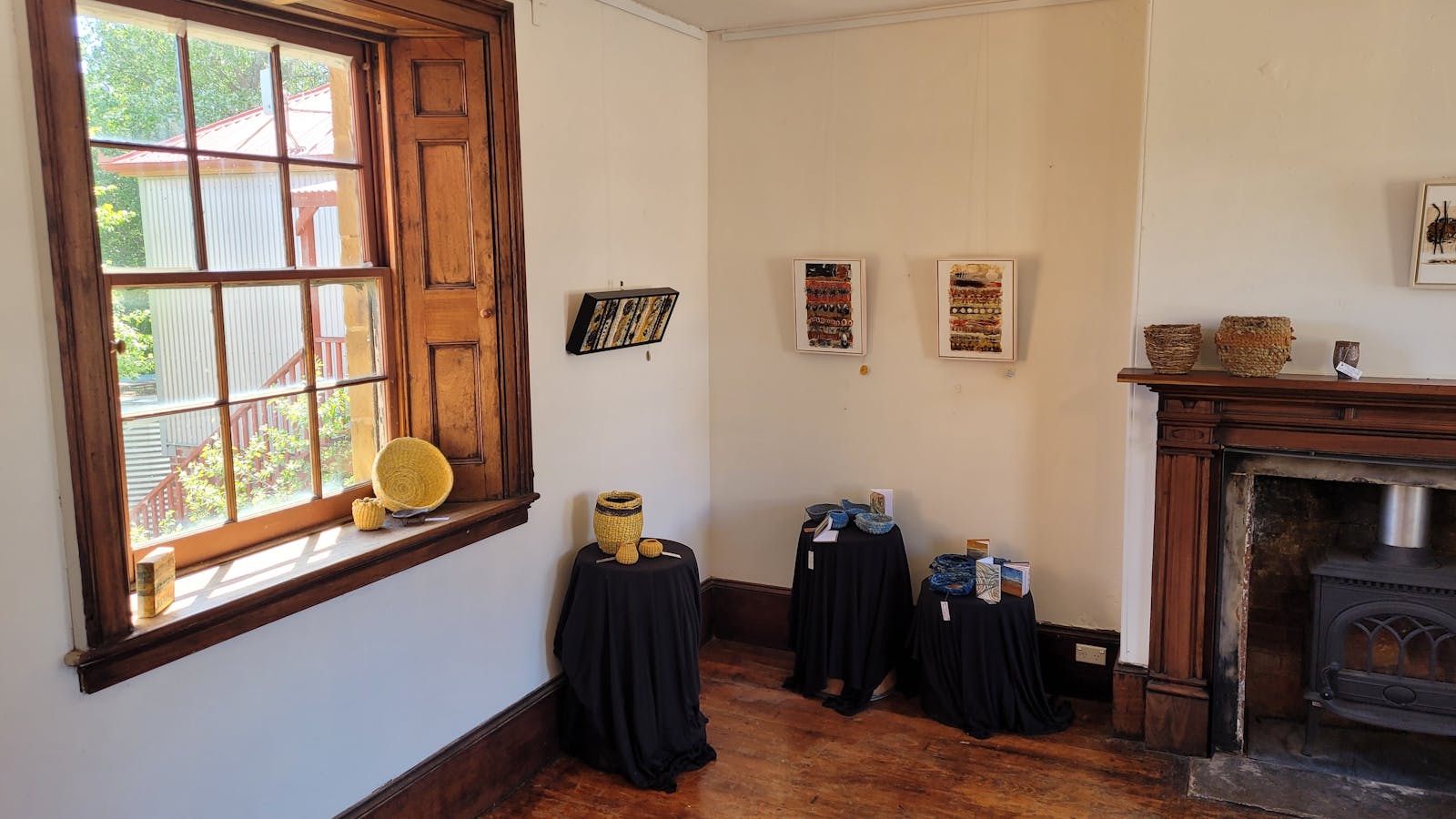Georgian cedar shutters in the 1845 Parlour. Exhibition: Mahdi Chandler, Confluence, October 2023.