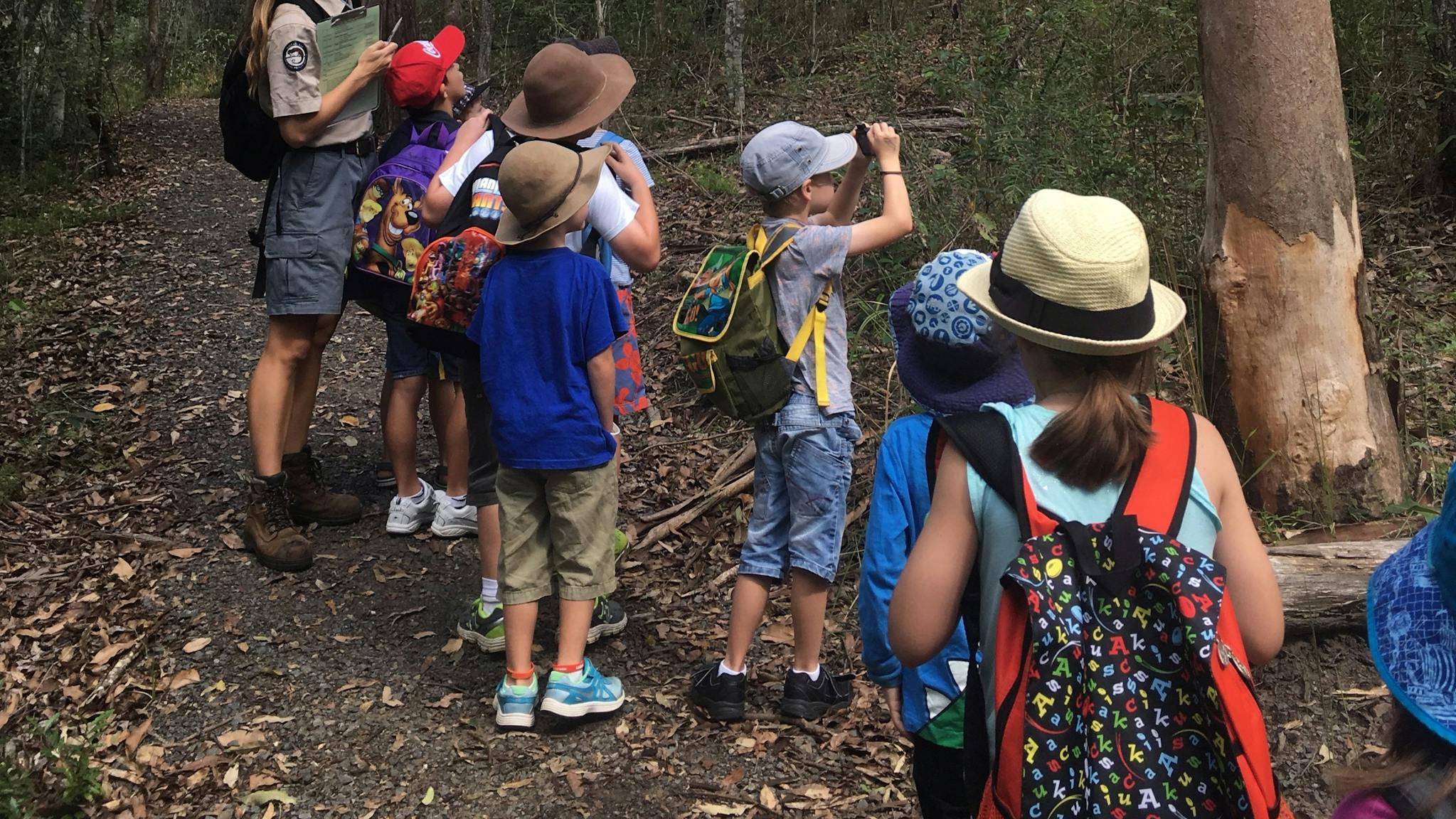 Group of children on a ranger-guided tour through forest