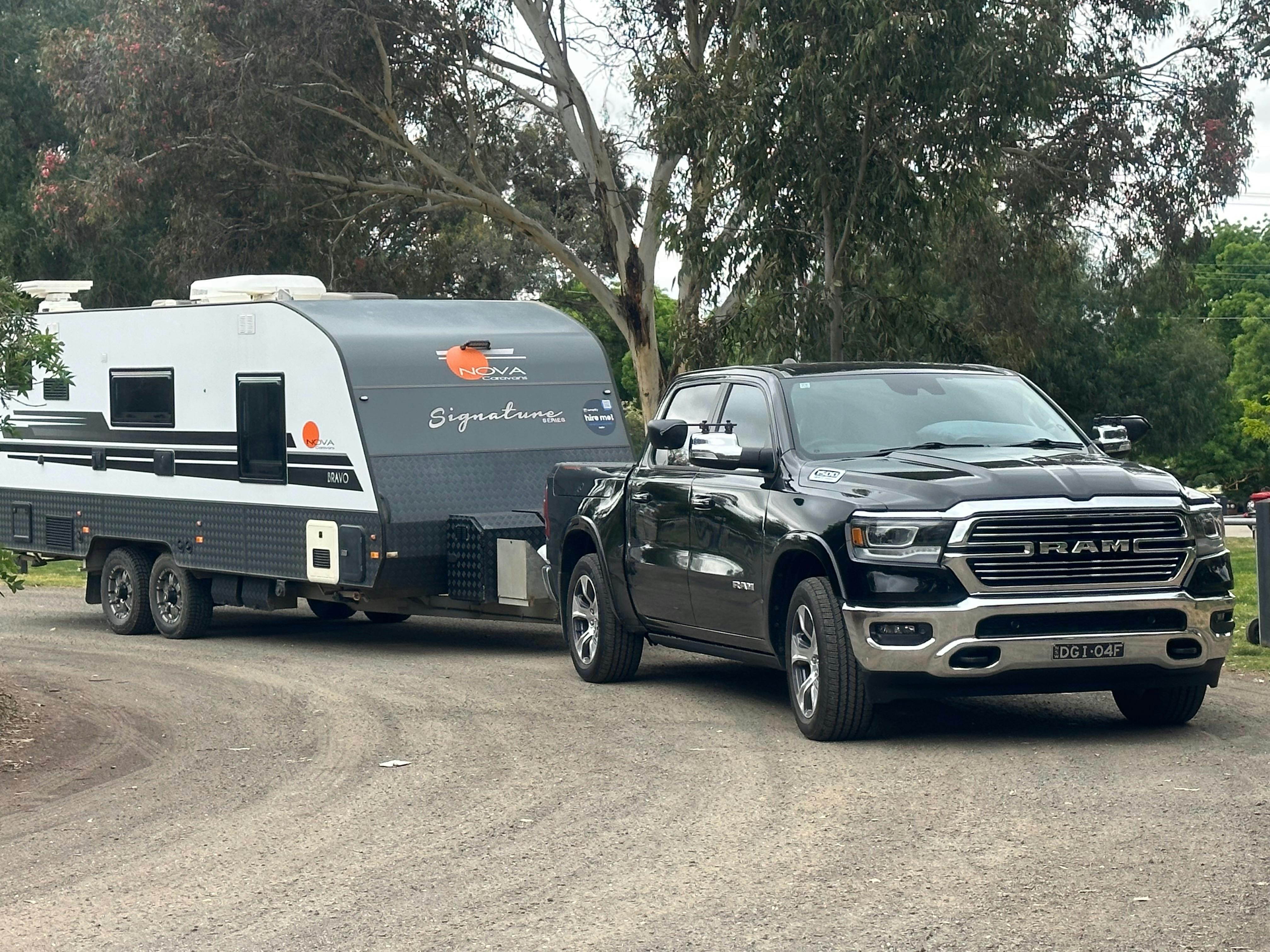 Car and caravan hitched and ready to tow