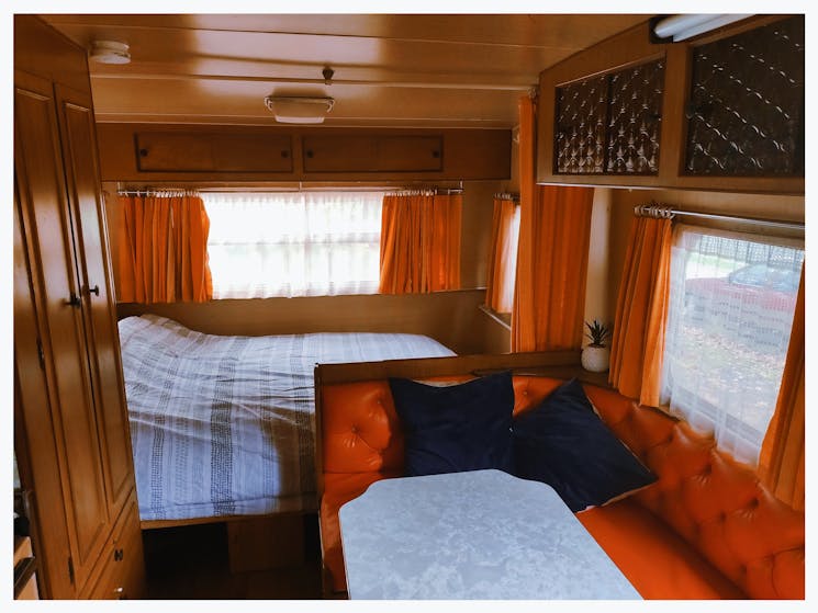 This photo shows the interior of one of our classic caravans.,