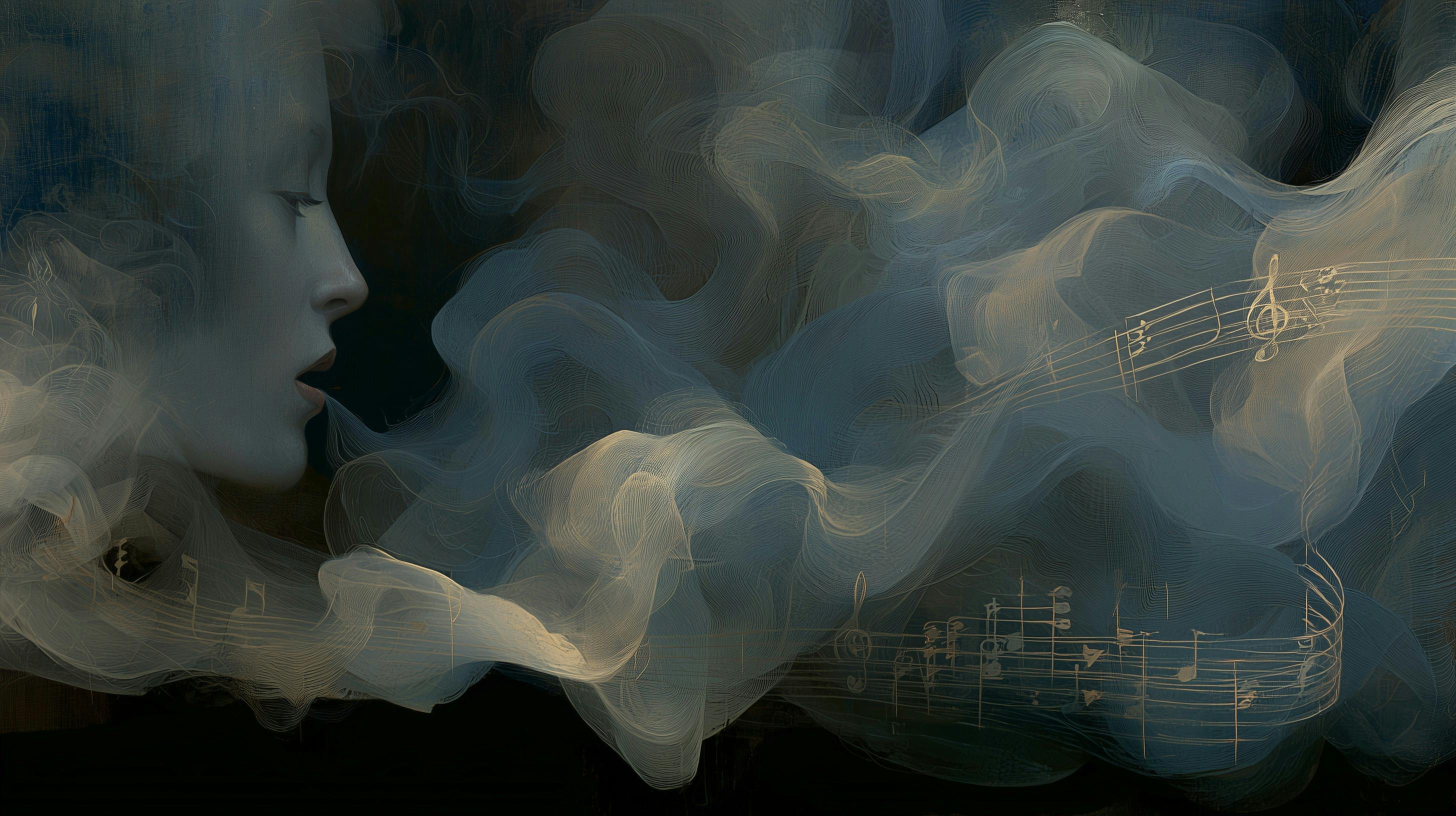 An illustration of a woman with smoke-like breath carrying musical notes