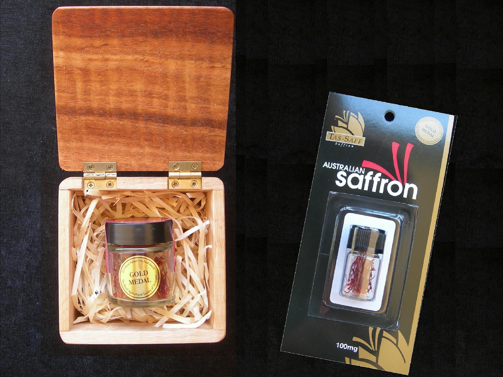 One gram jar of saffron displayed in hanmade Tasmanian oak box and a 100mg bottle of saffron