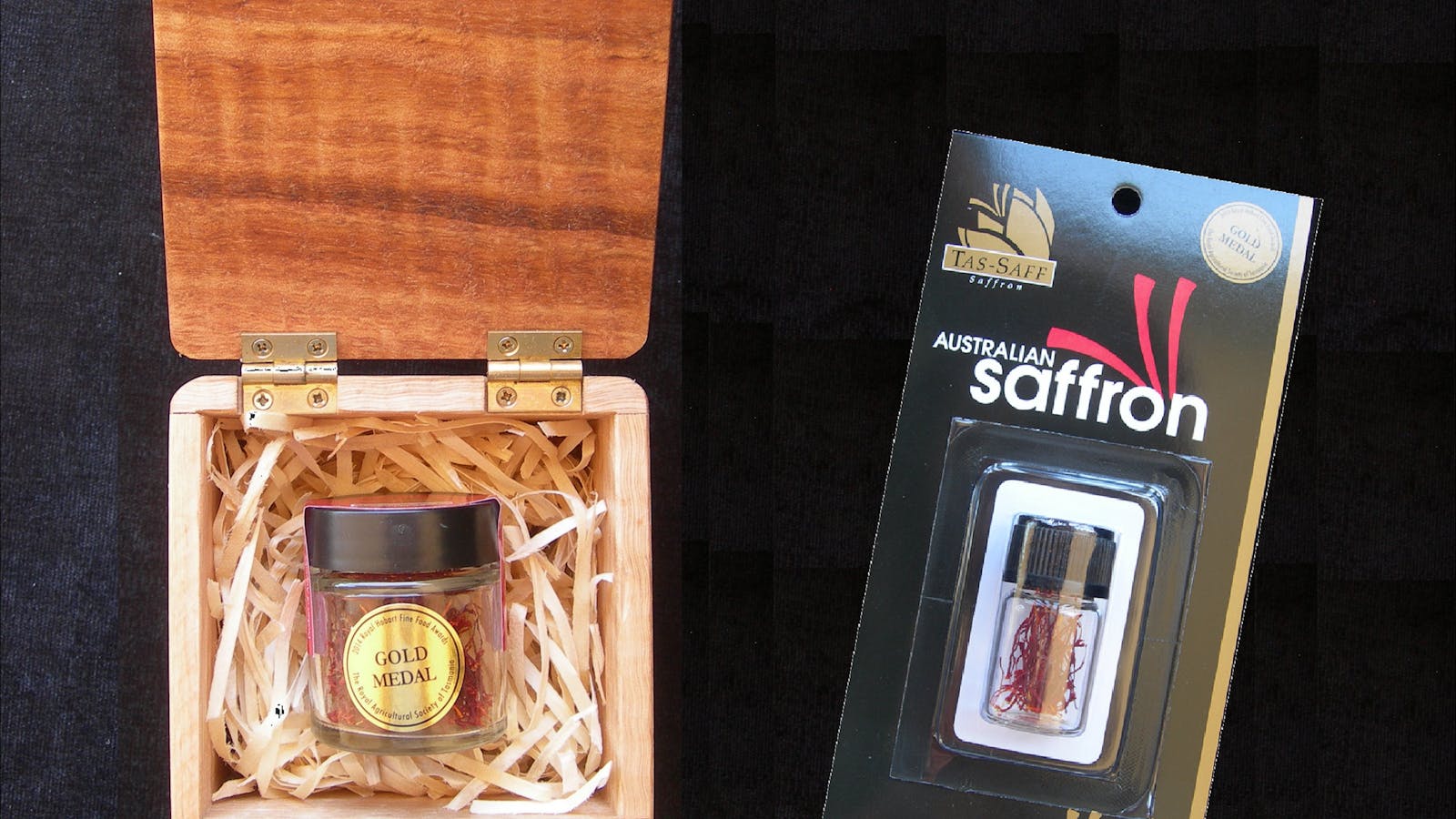 One gram jar of saffron in handmade Tasmanian Oak Box and 100mg of saffron