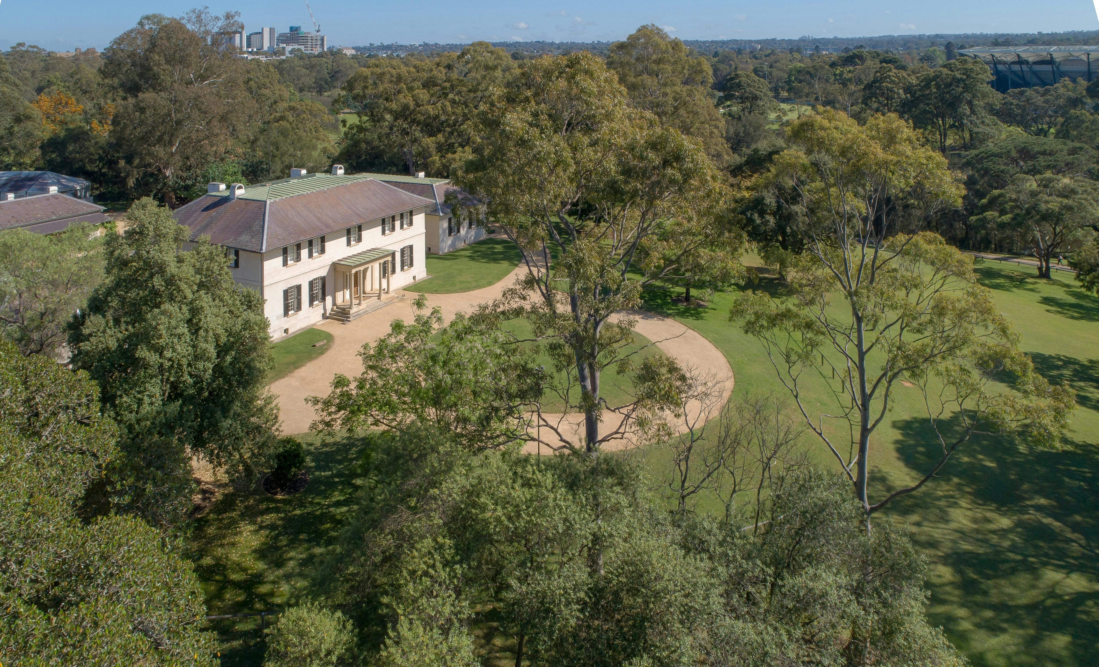 Arial view of historic building in park