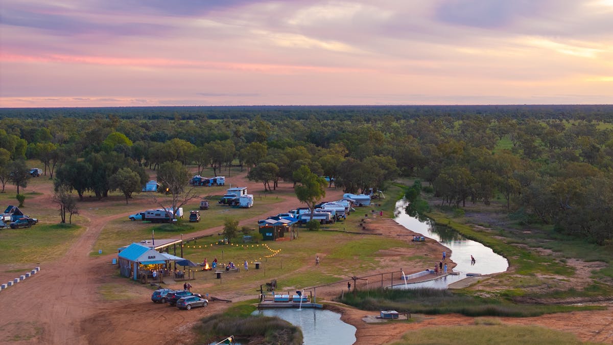 A sunset aerial view of Charlotte Plains in Outback Queensland
