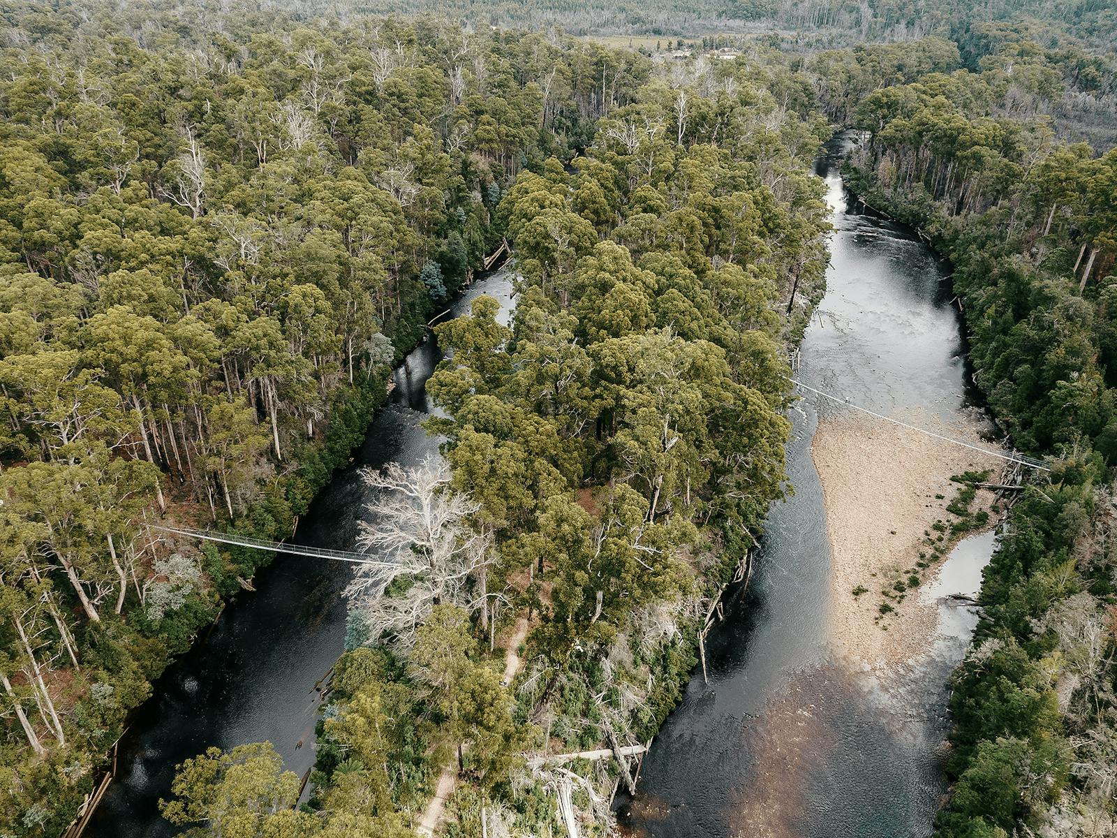 Aerial view of the Huon and Picton rivers and the swinging bridges that span them