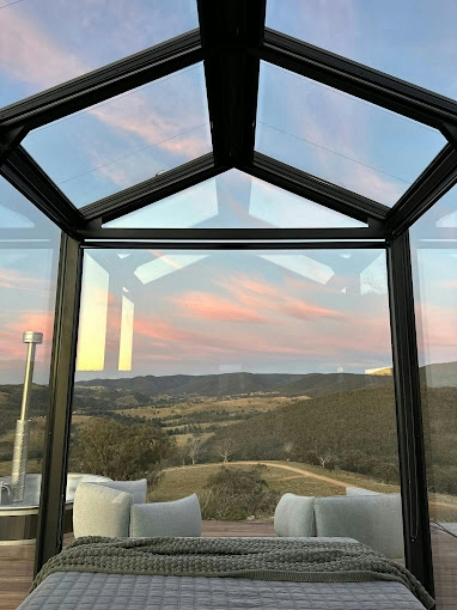 Glasshouse, bedroom, skyline, mountains