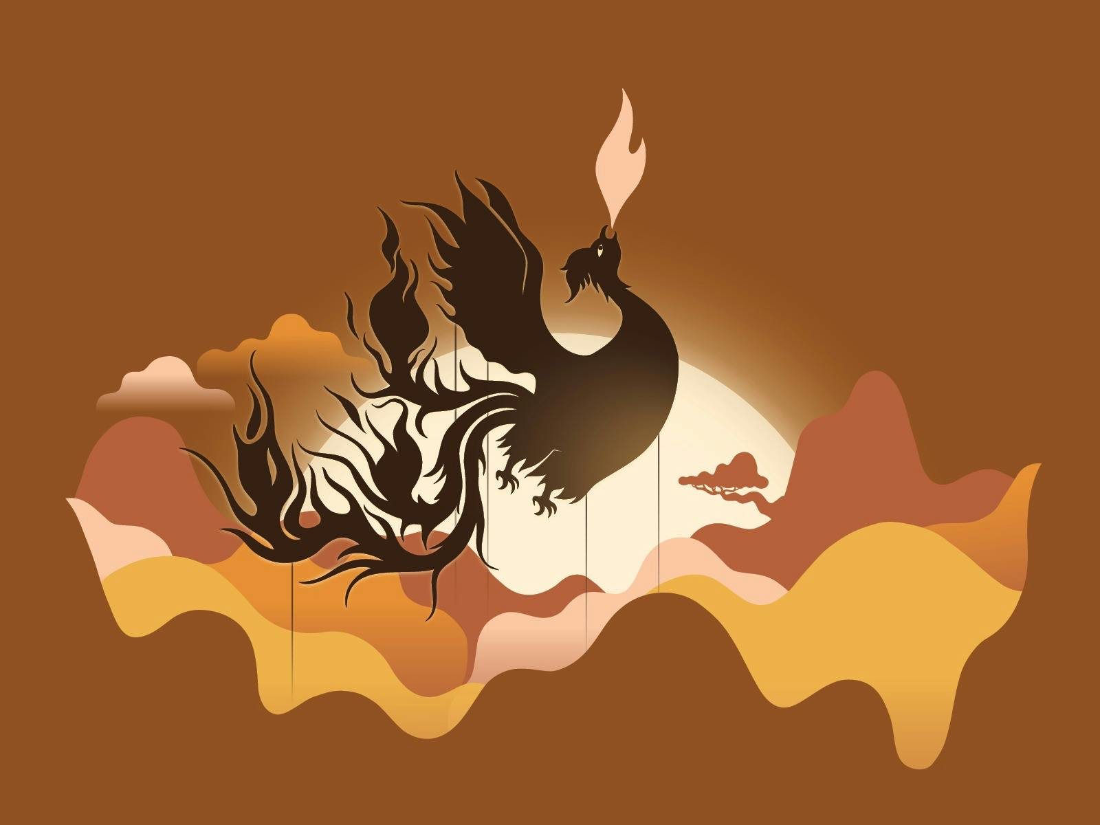 An illustration of a fire phoenix silhouette puppet against an orange background
