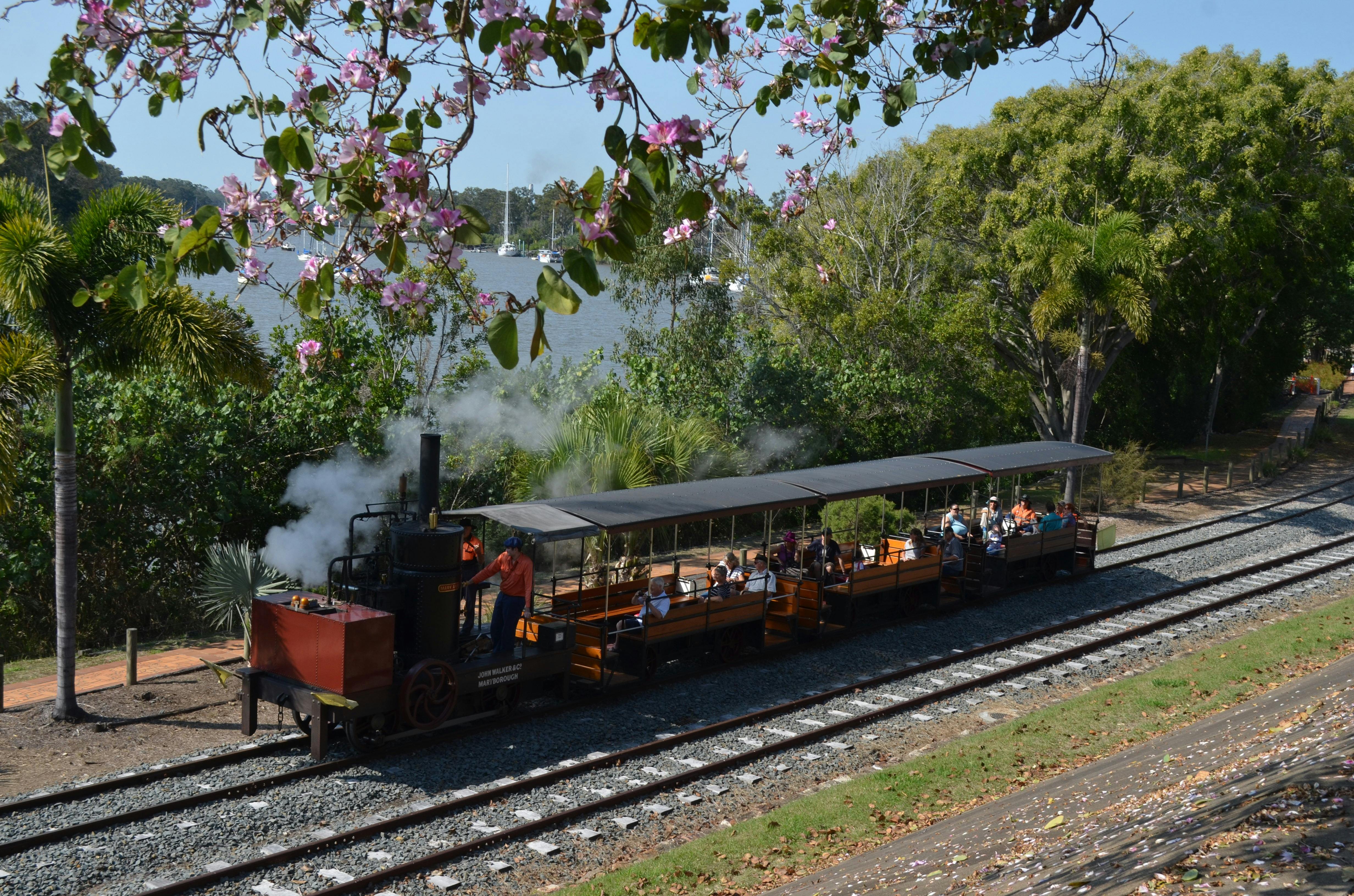 photo of Mary Anne Steam train in motion along the riverside track at Portside Maryborough.