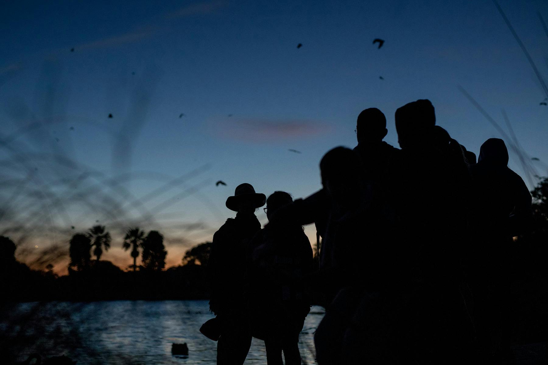People in silhouette overlooking a lake at twilight