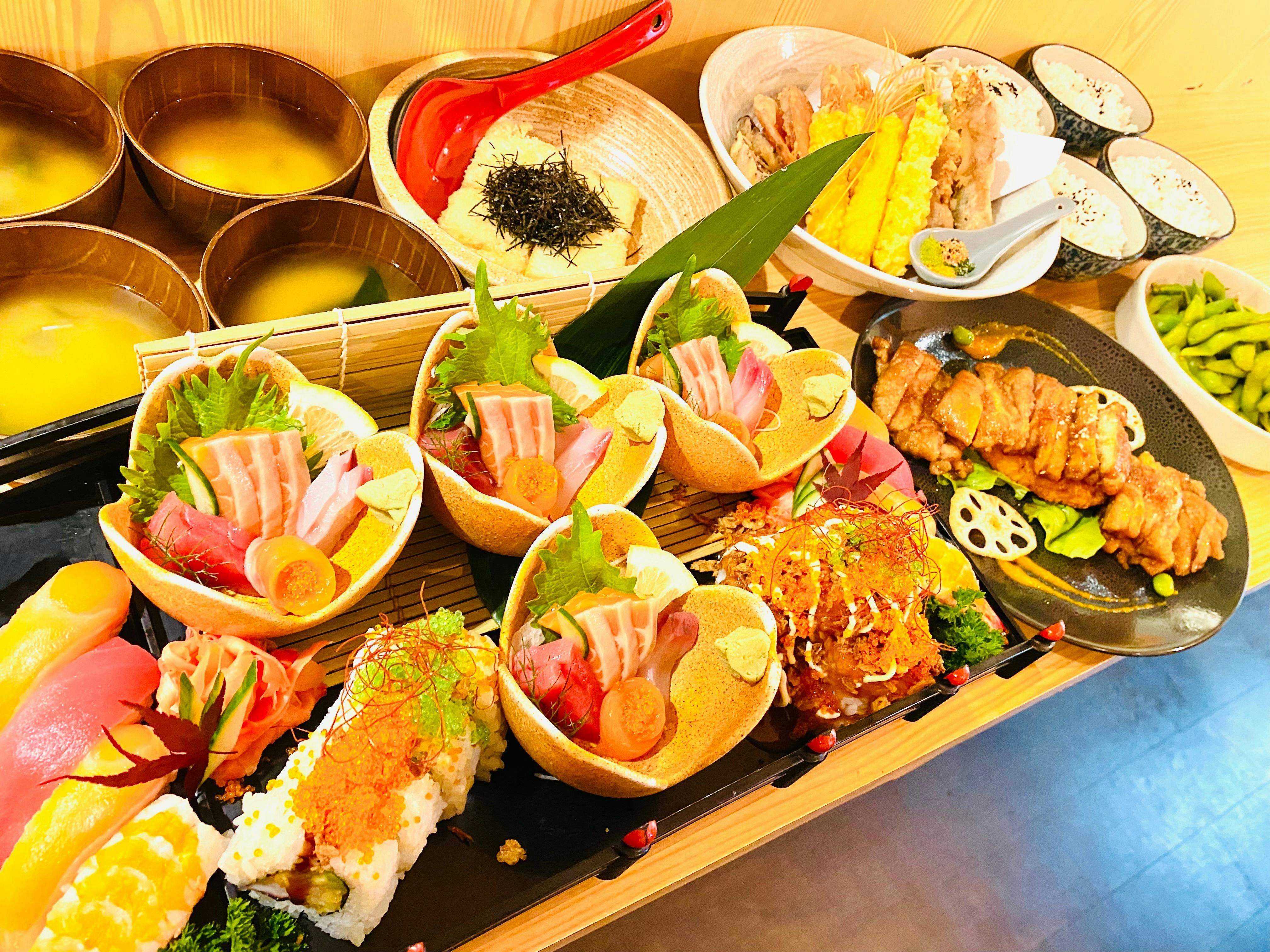 Edamame,  Sushi, Sashimi,  Age dashi tofu, Miso soup, Rice, Teriyaki Chicken , Assorted Tempura