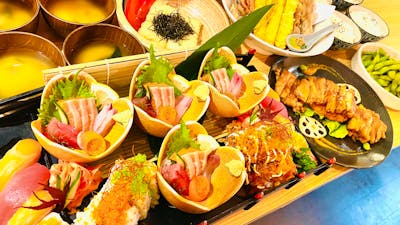 Edamame, Sushi, Sashimi, Age dashi tofu, Miso soup, Rice, Teriyaki Chicken , Assorted Tempura