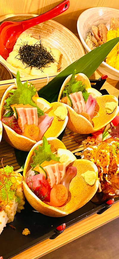 Edamame, Sushi, Sashimi, Age dashi tofu, Miso soup, Rice, Teriyaki Chicken , Assorted Tempura