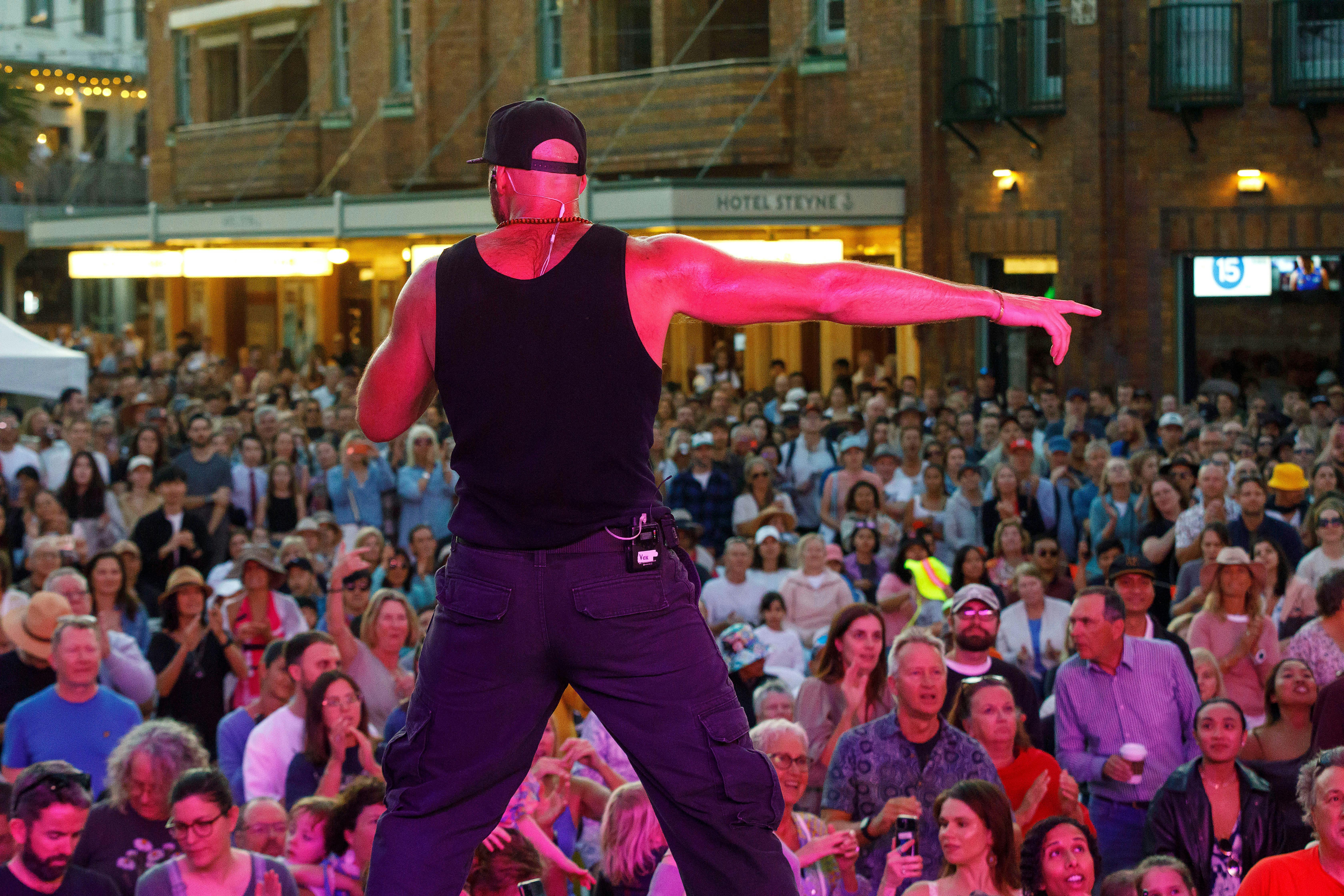 Back of performer on stage at Manly Jazz in front of crowd
