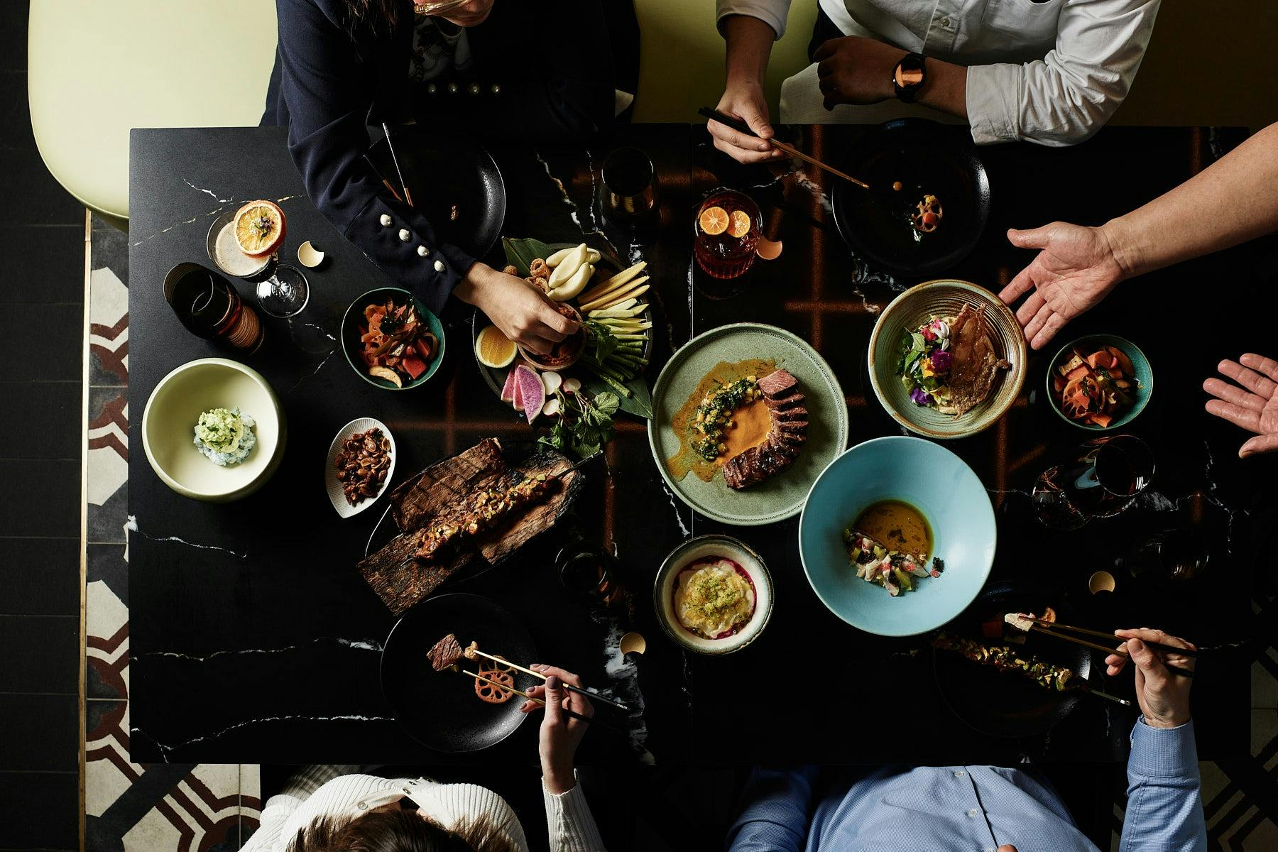 Aerial view of group shared food