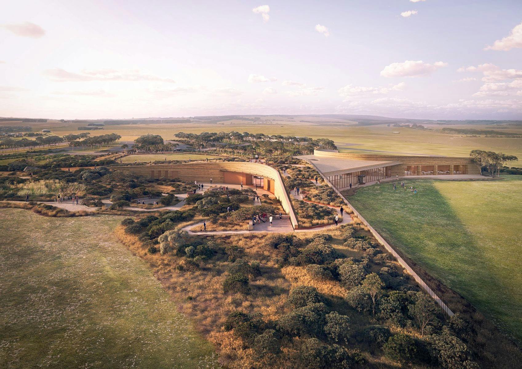 An aerial view of the Twelve Apostles Visitor Centre Render
