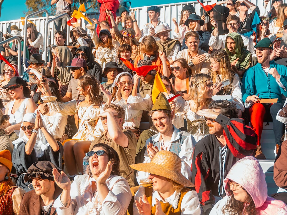 A crowd of costumed festival goers cheer and wave at the tournament