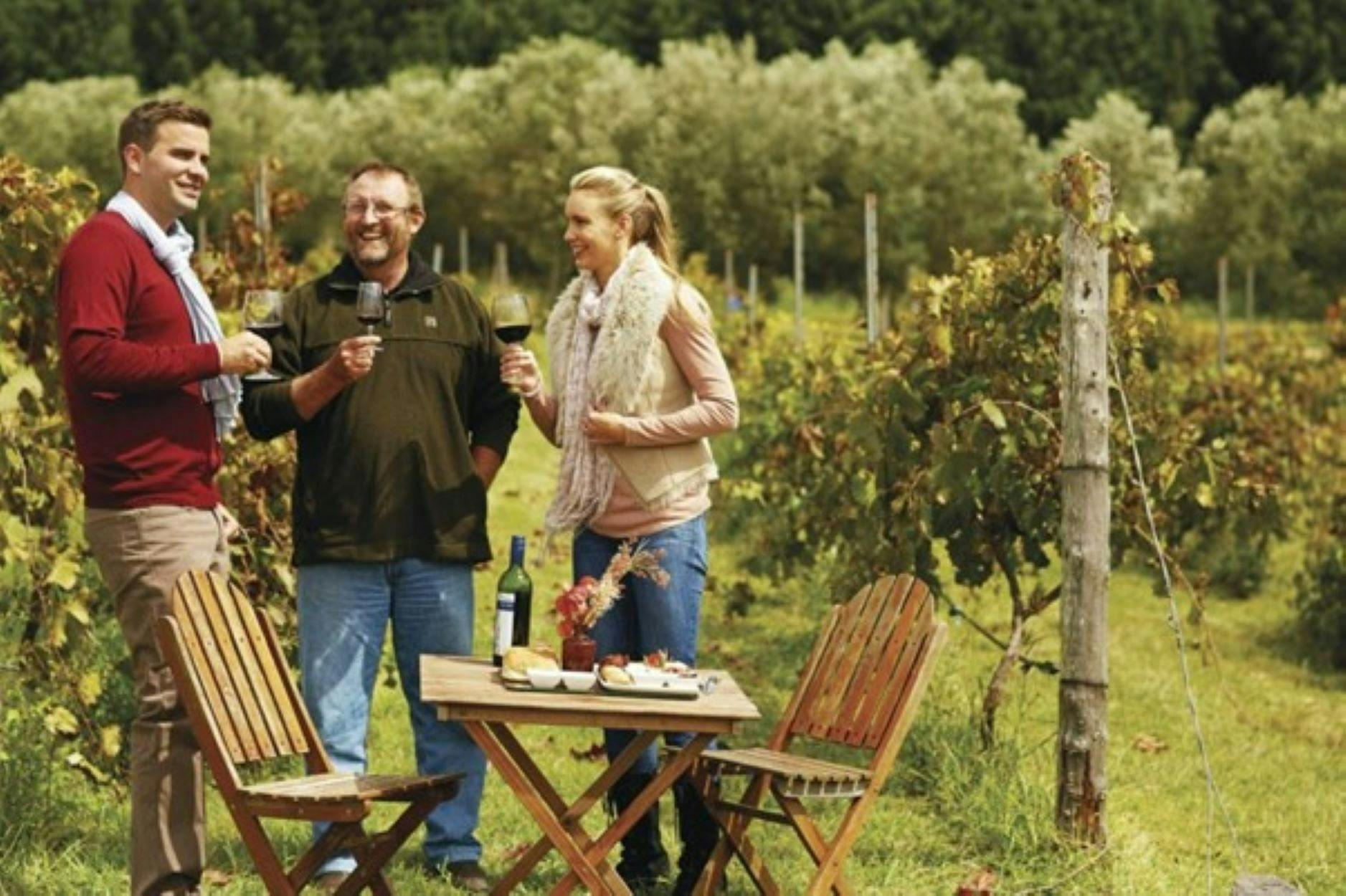 Three people sampling wine