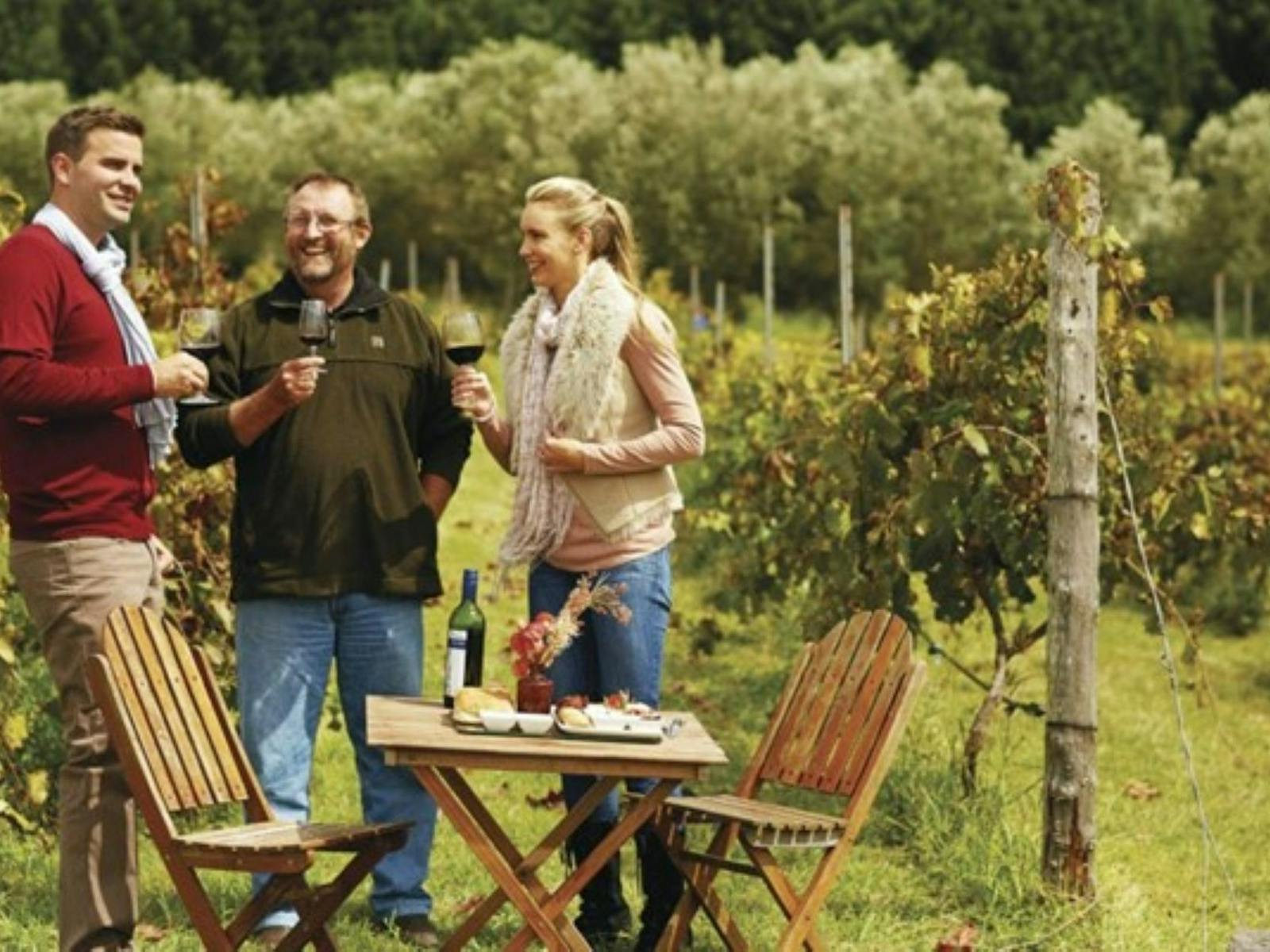 Three people sampling wine