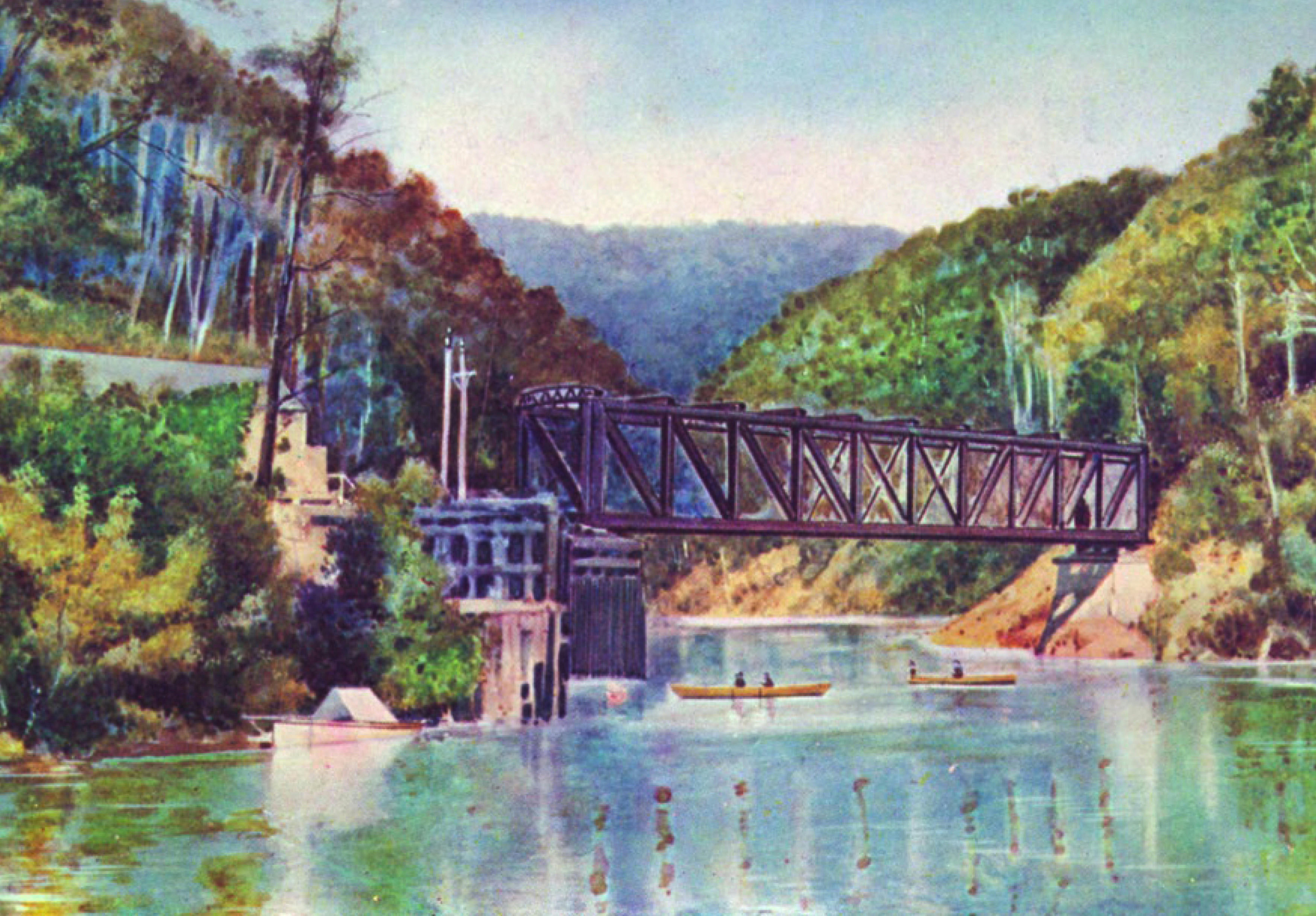 An original early 20th century postcard from Teepookana depicting the Iron Bridge and kayakers