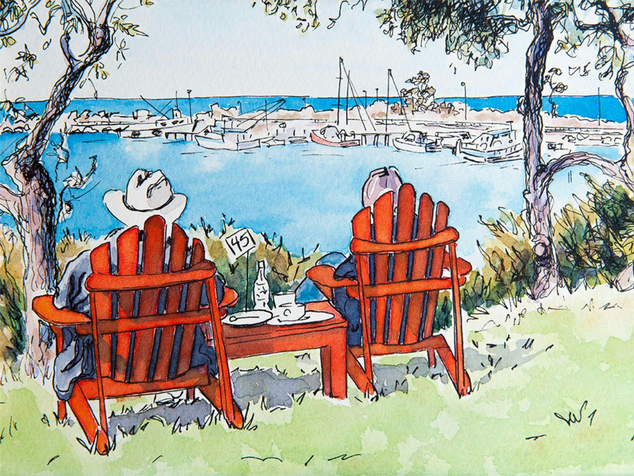 a pen and watercolour illustration of two red beach chairs overlooking a coastal scene