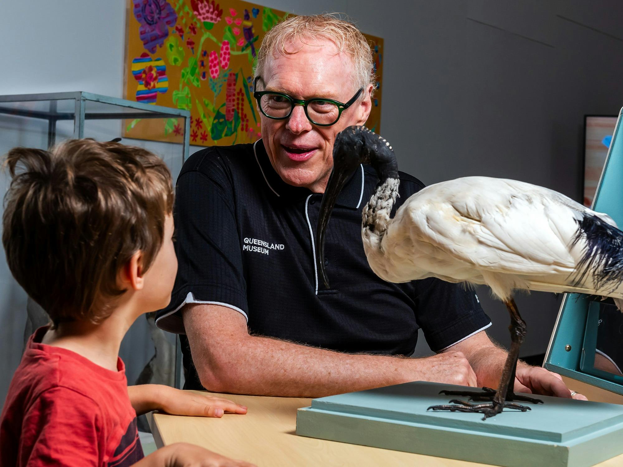 A child talking with an employee whilst looking at a taxidermised Ibis.