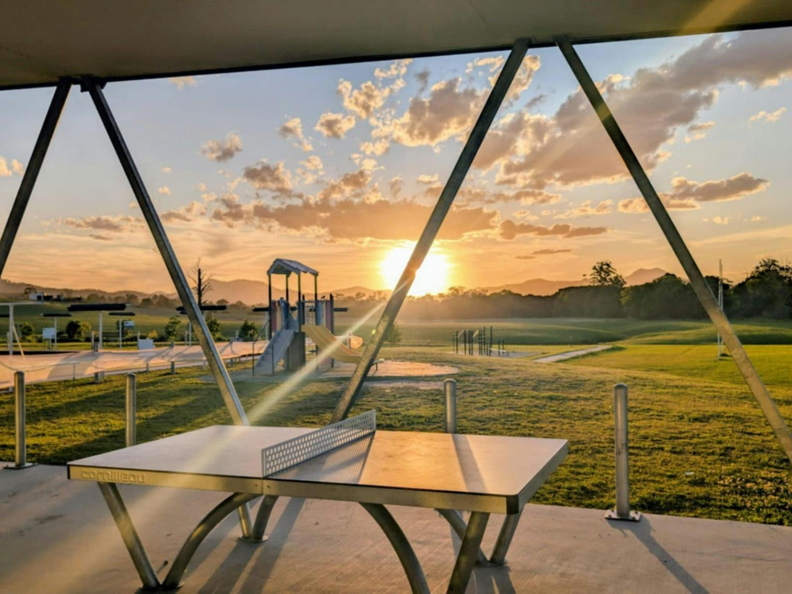 Sunset hitting the ping pong table in the dining area