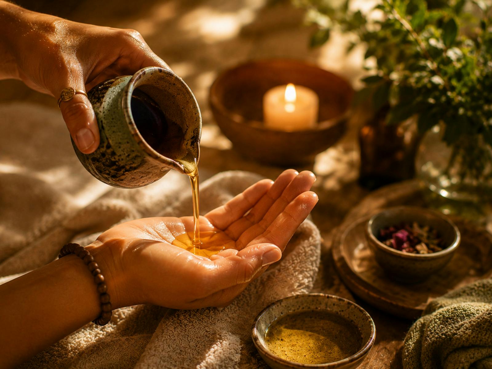Woman pouring massage oil in her hand