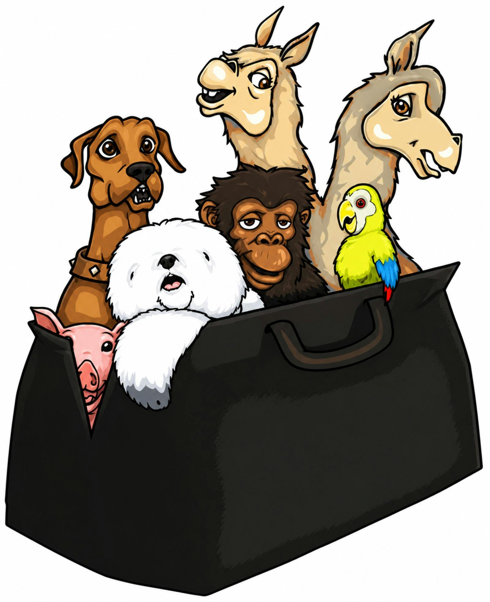 Drawing of a brown dog, a pig, a white dog, a monkey, a bird, two alpacas all sitting in a bag.