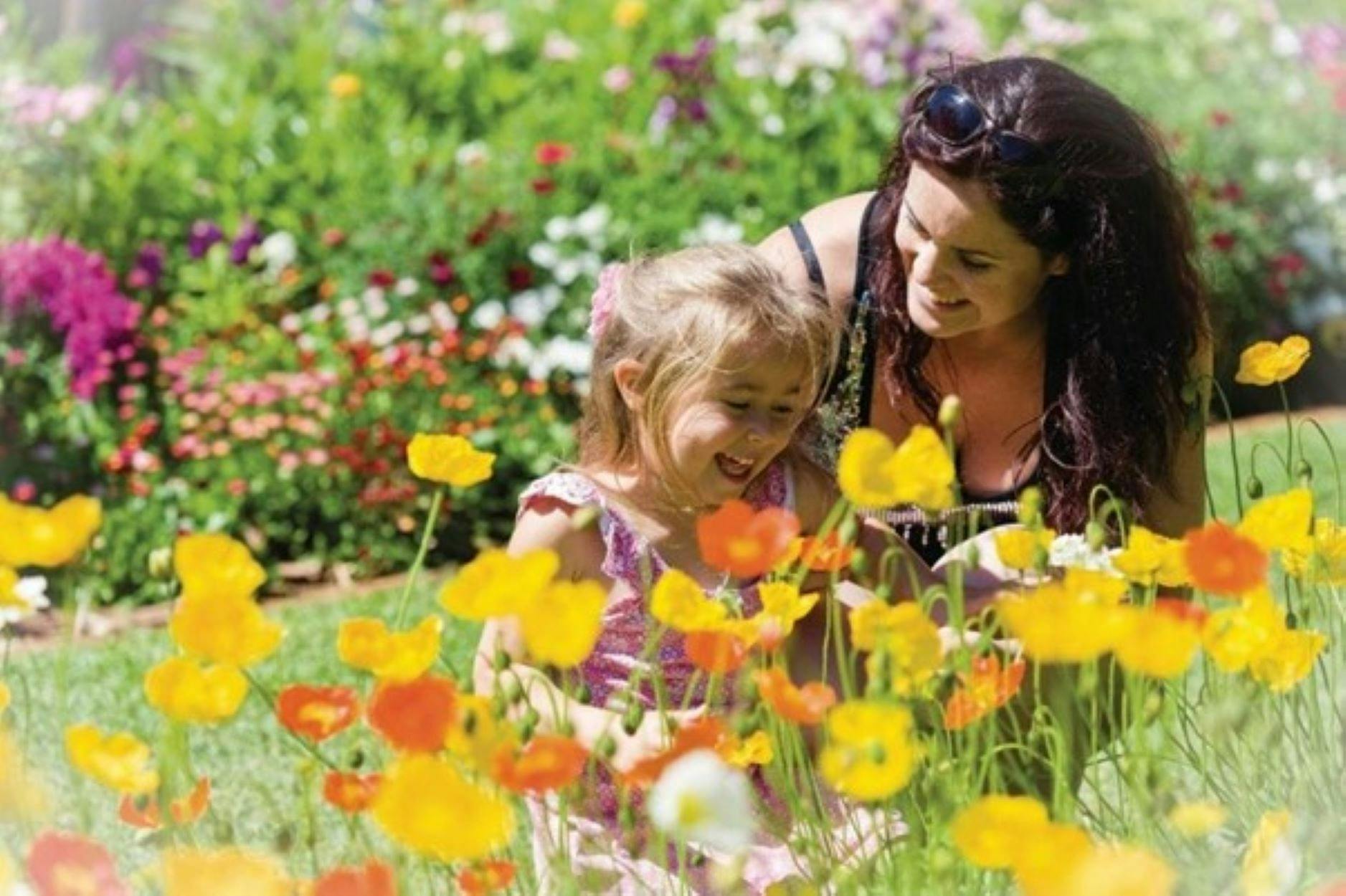 Lady and girl smelling flowers at Toowoomba Carnival of Flowers