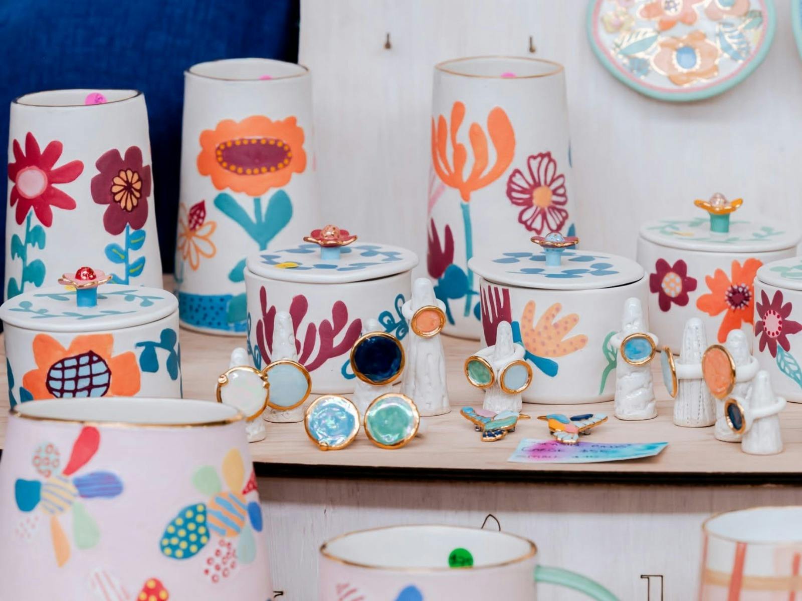 A close up of a colourful ceramics stall