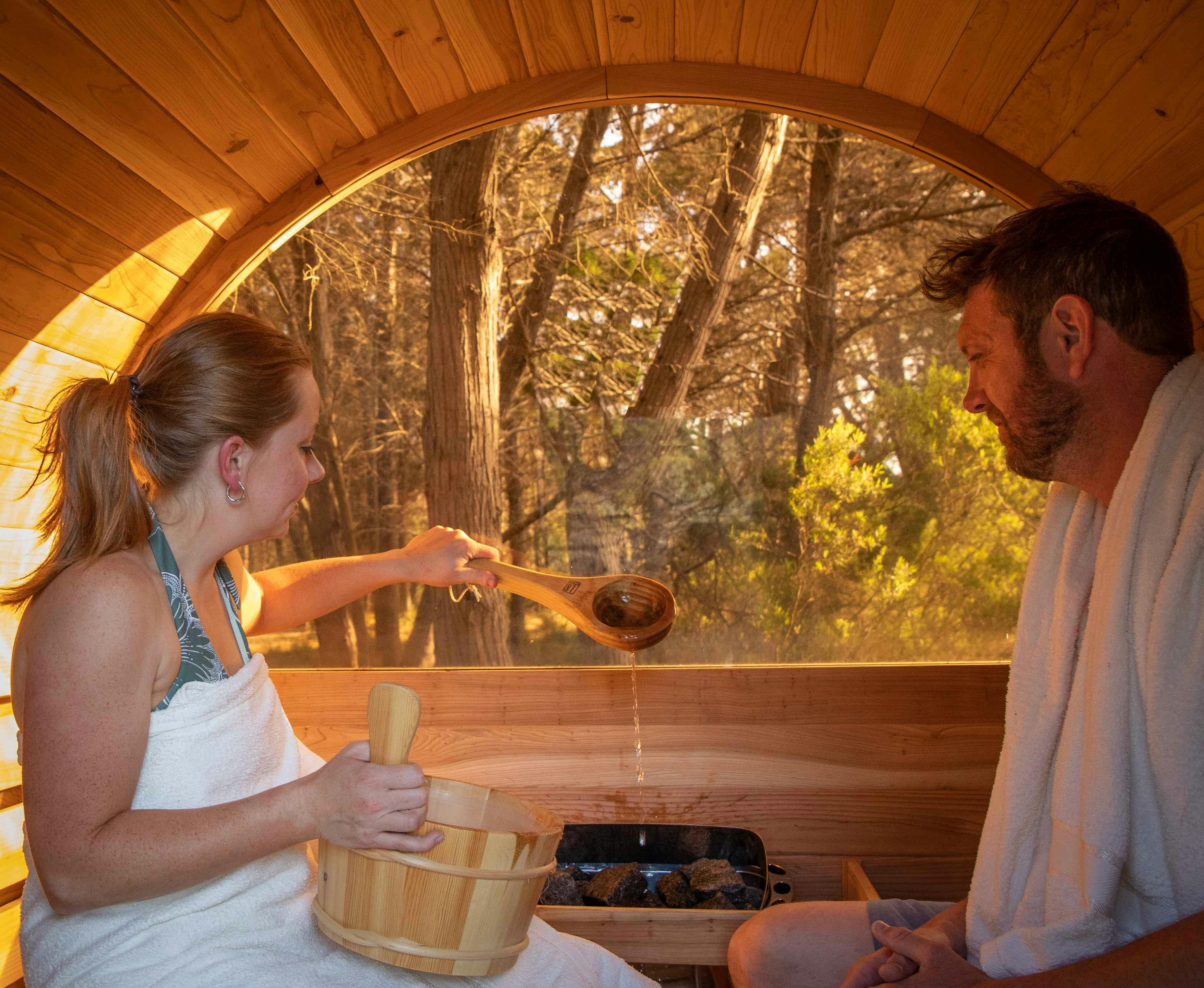 Enjoy luxury 6 seater steam sauna with forest views.