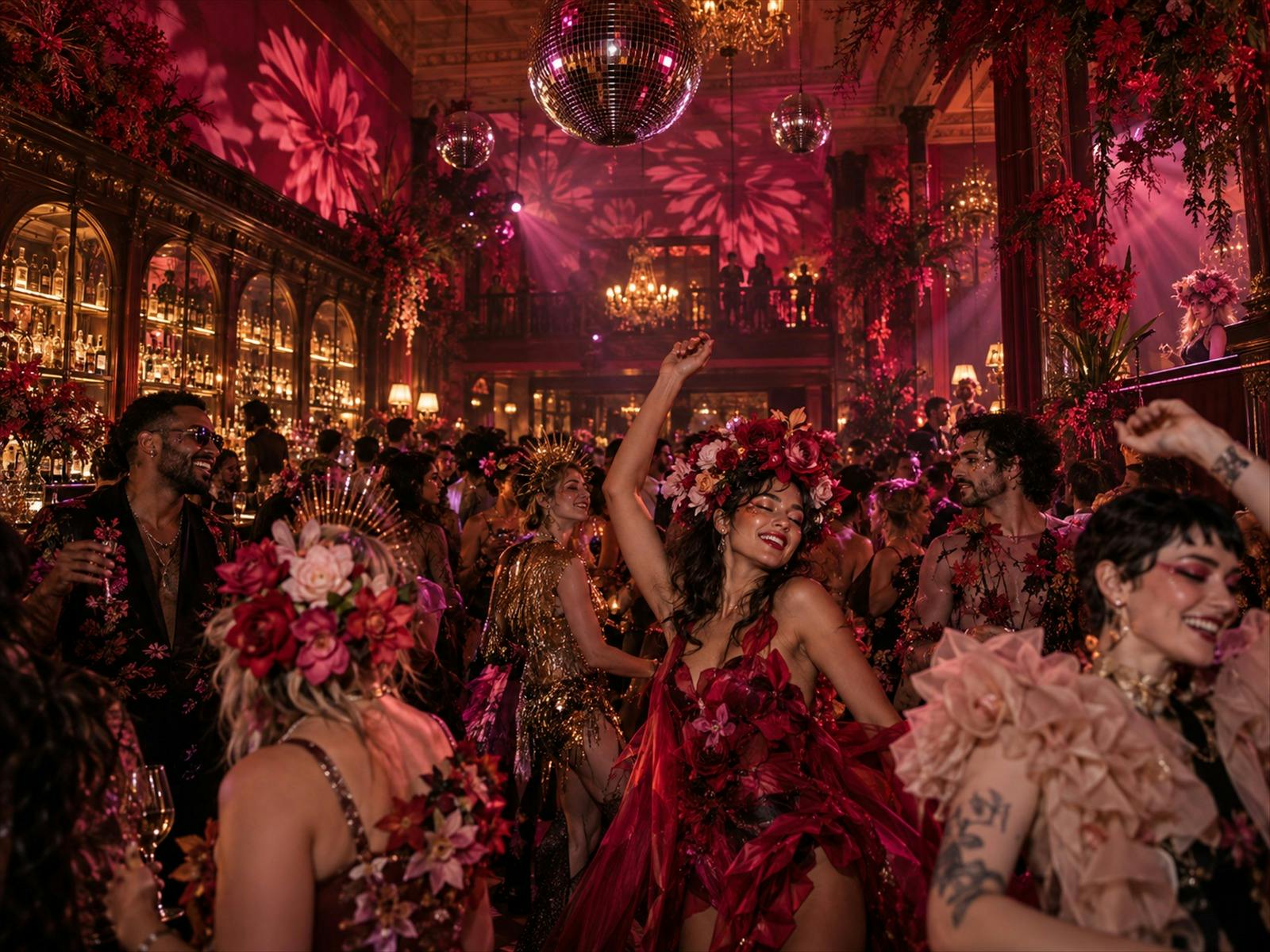 Costumed guests dancing beneath floral projections at Bartholomew's