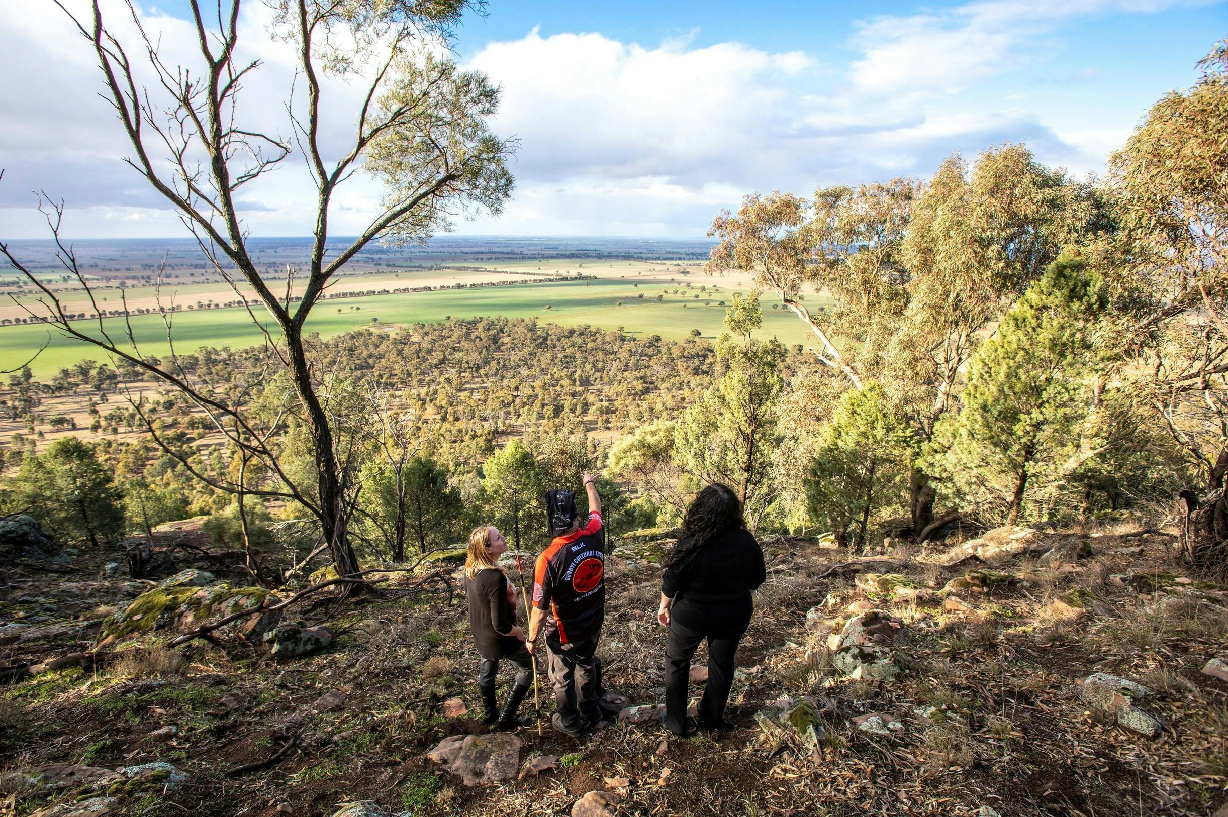 Bundyi Aboriginal Cultural Tours guide Mark Saddler  with tourists at Galore Hill Lockout
