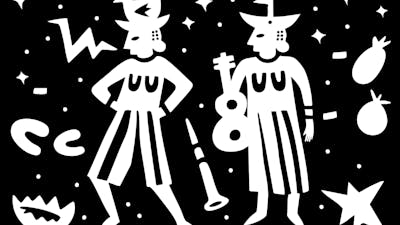 A black background with drawn white silhouettes of 2 people, instruments, food and stars.