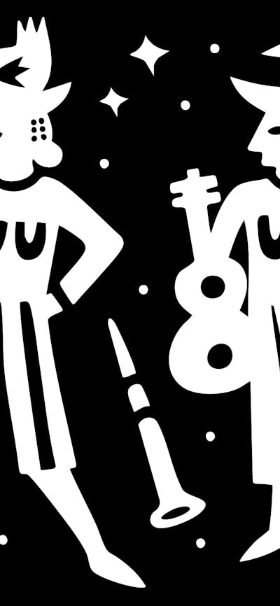 A black background with drawn white silhouettes of 2 people, instruments, food and stars.