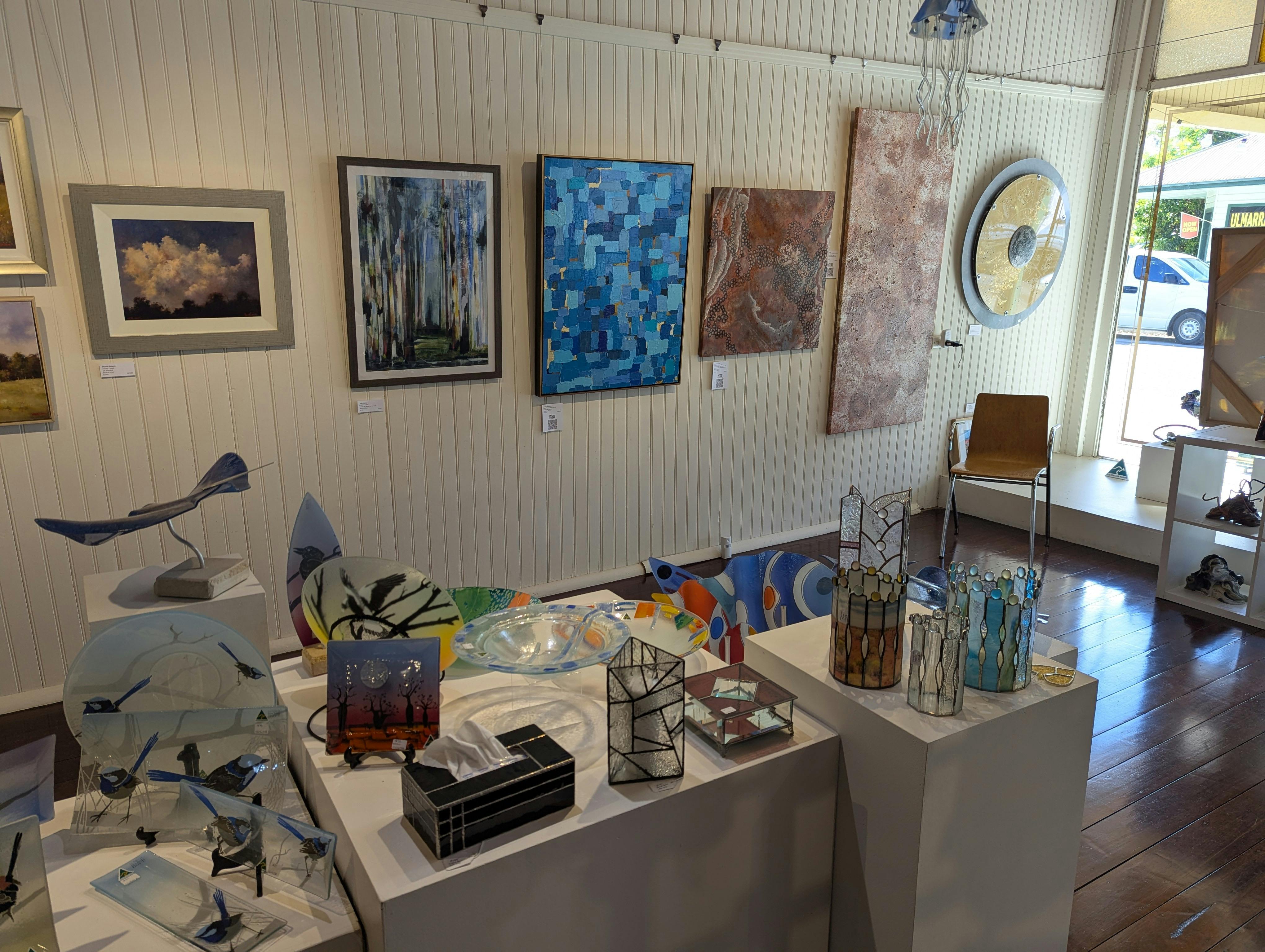 Locally made glass art and paintings by local artists