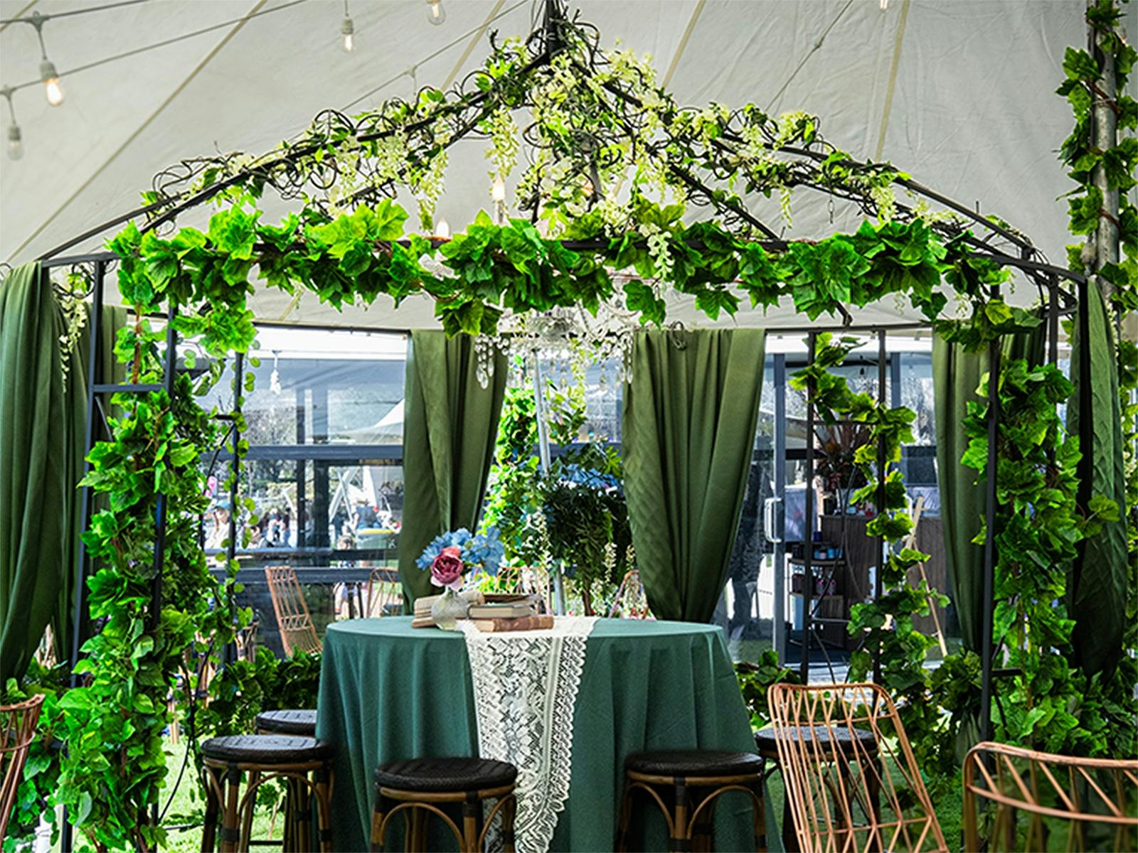 Botanical birdcage dining table for Cocktail High Tea at the Underground Spirits Gin Garden, Floriad