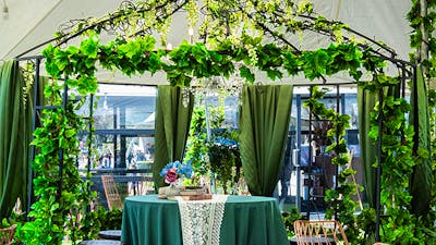 Botanical birdcage dining table for Cocktail High Tea at the Underground Spirits Gin Garden, Floriad