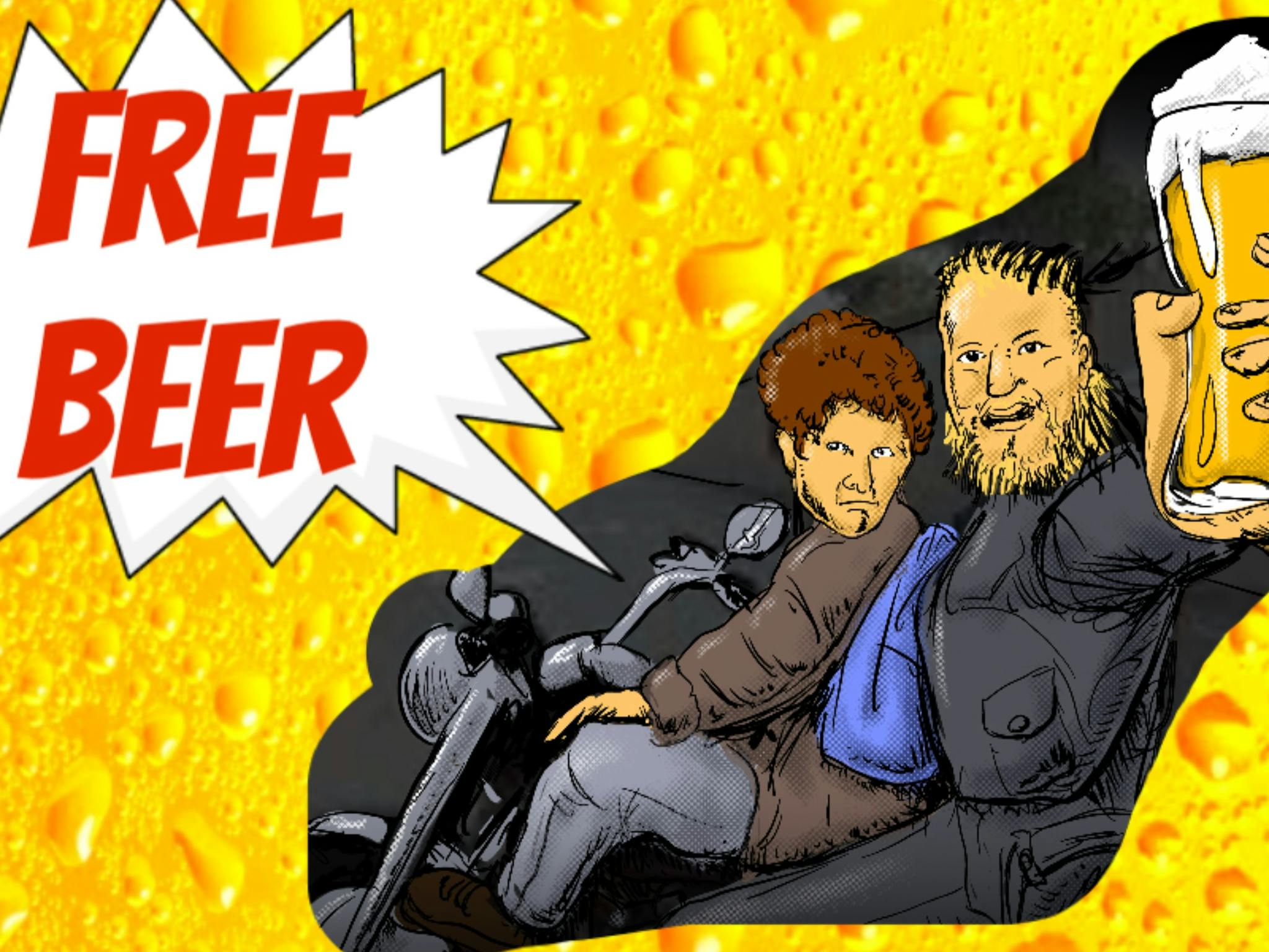 Image is of a cartoon Nick and Brett. They are holding a beer and riding a motorbike.