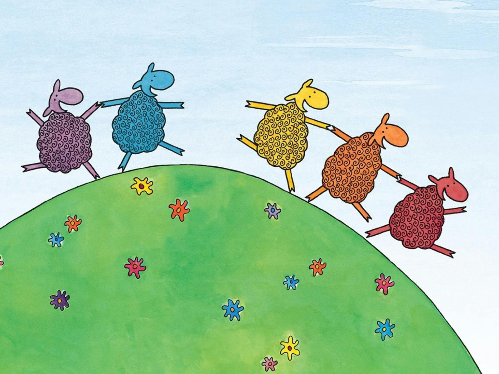 Five colourful, curly-wooled sheep holding hands as they skip over a green hill with flowers