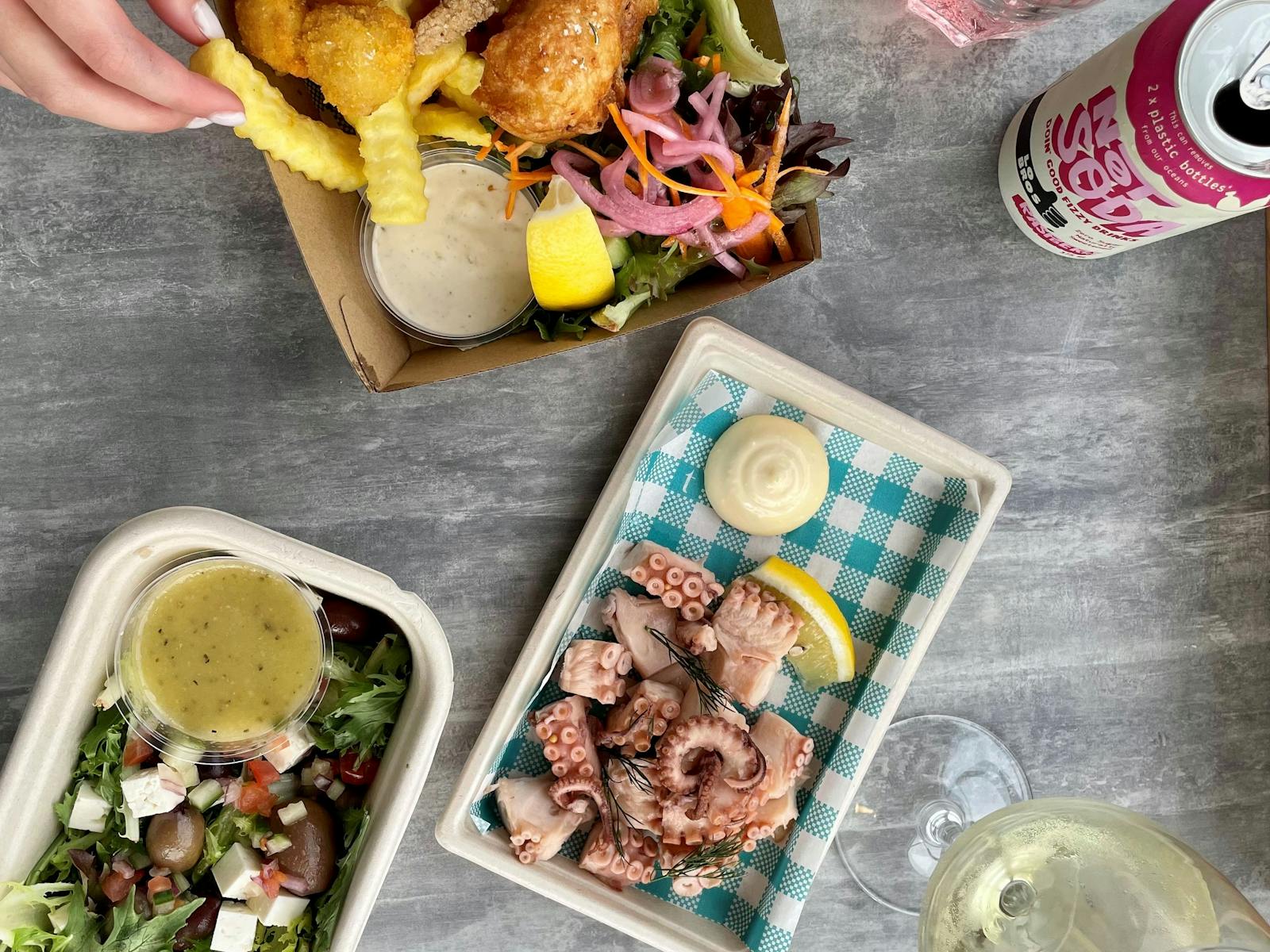 Salad, Pickled Octopus, Shack Box, Wine and Soft Drink