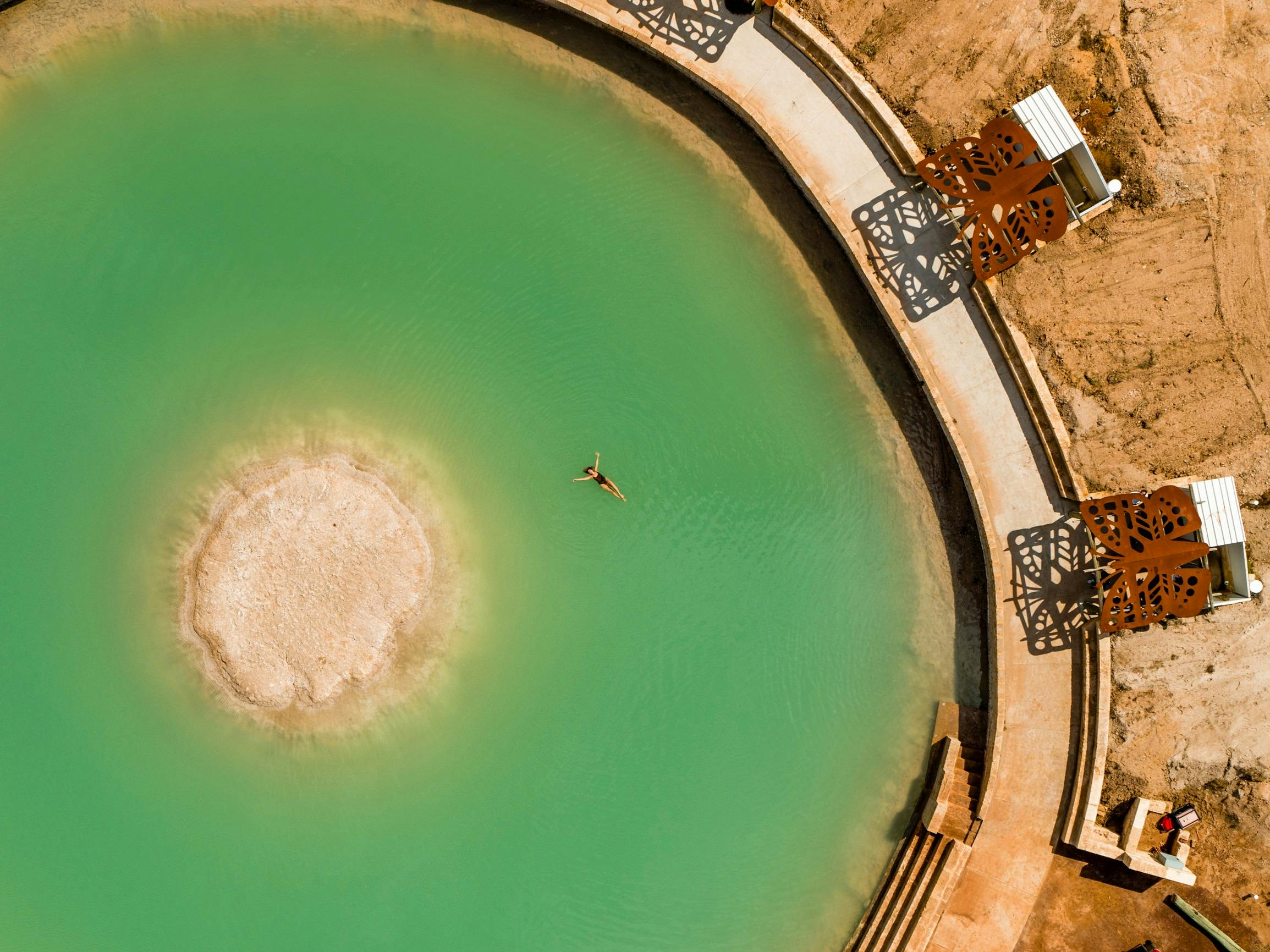 Aerial view of the floating salt pool at Wave Rock Resort