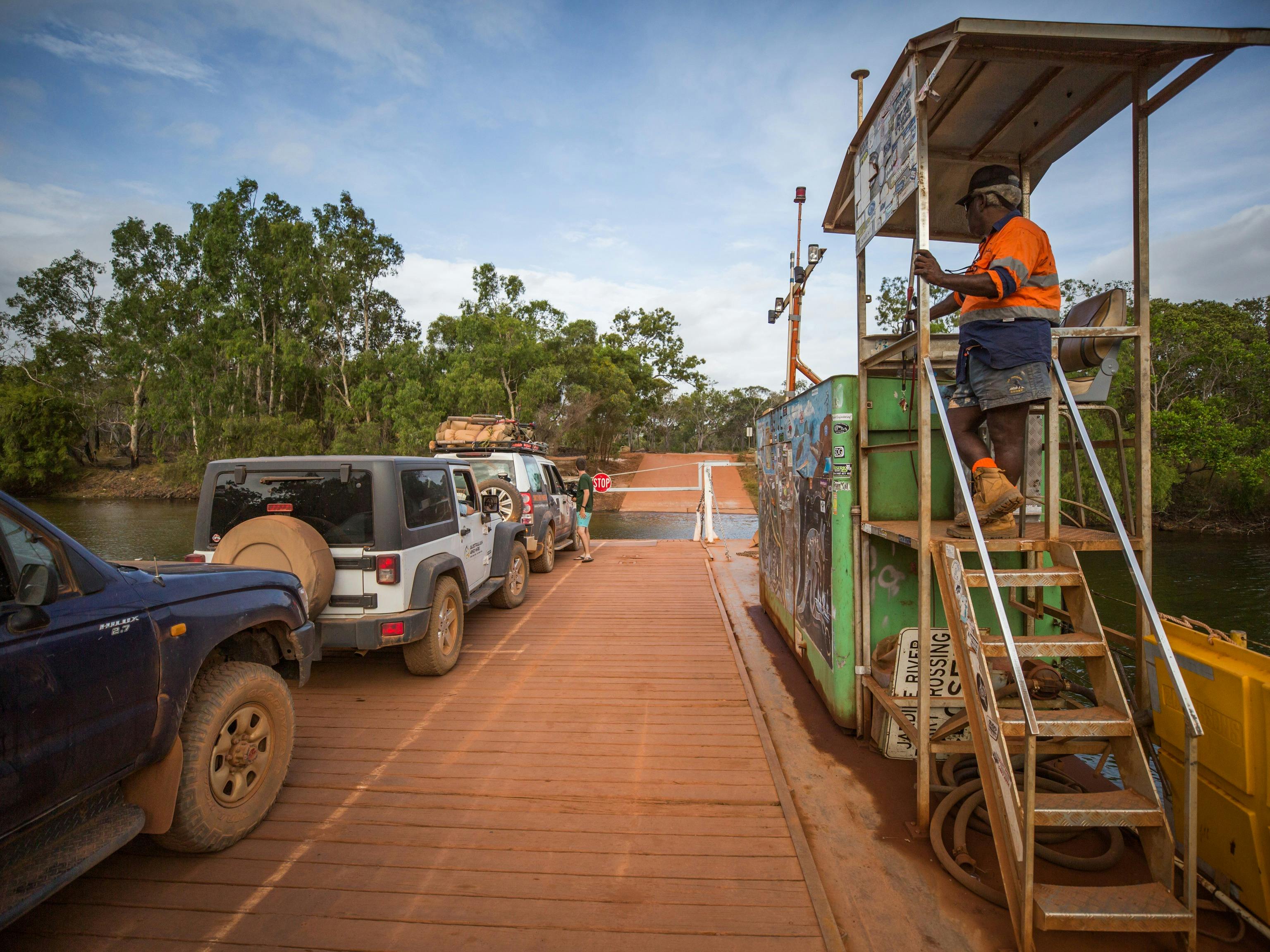 Car convoy lined up on the Jardine River Ferry, crossing to the Northern Peninsula Area ( NPA ).