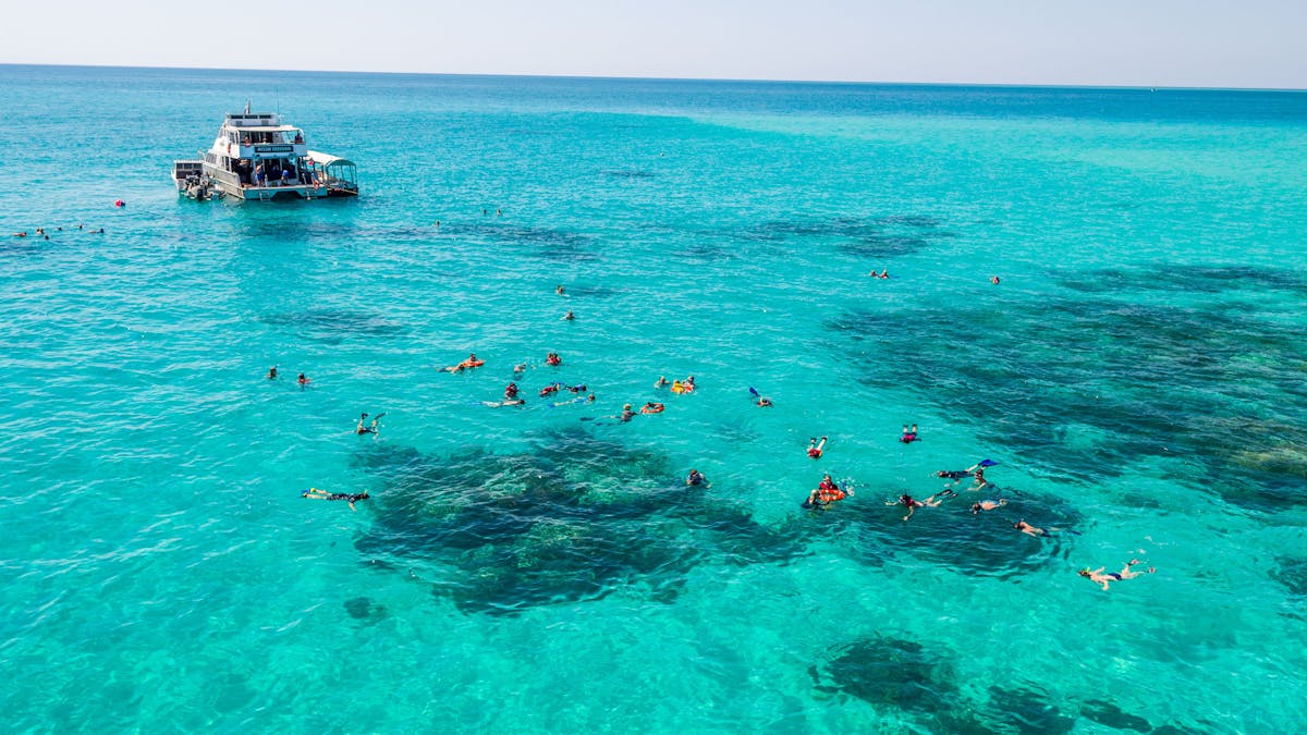Snorkellers  off Ocean Freedom's private reef site at Upolu Cay on the Great Barrier Reef in Cairns