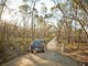 Car on dirt road, bushland trees, native grasses, rocks, sunny day.