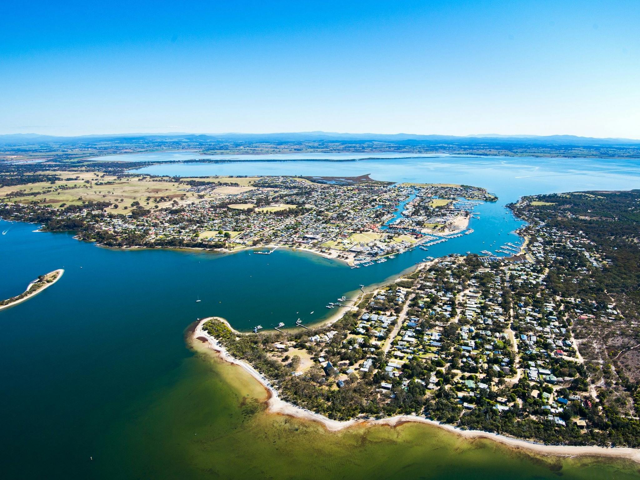 Raymond Island and Paynesville with The Silt Jetties in the background