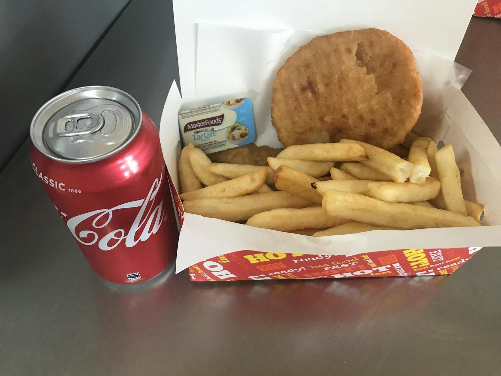 Dino's Takeaway Fish N Chip pack - 1 piece of Flake, potato cake, dim sim, chips, drink for $9