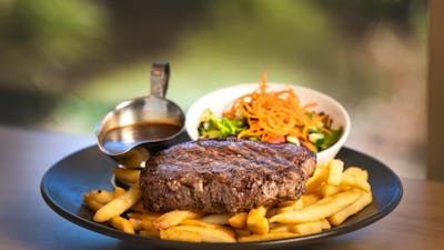 Steak, chips and salad